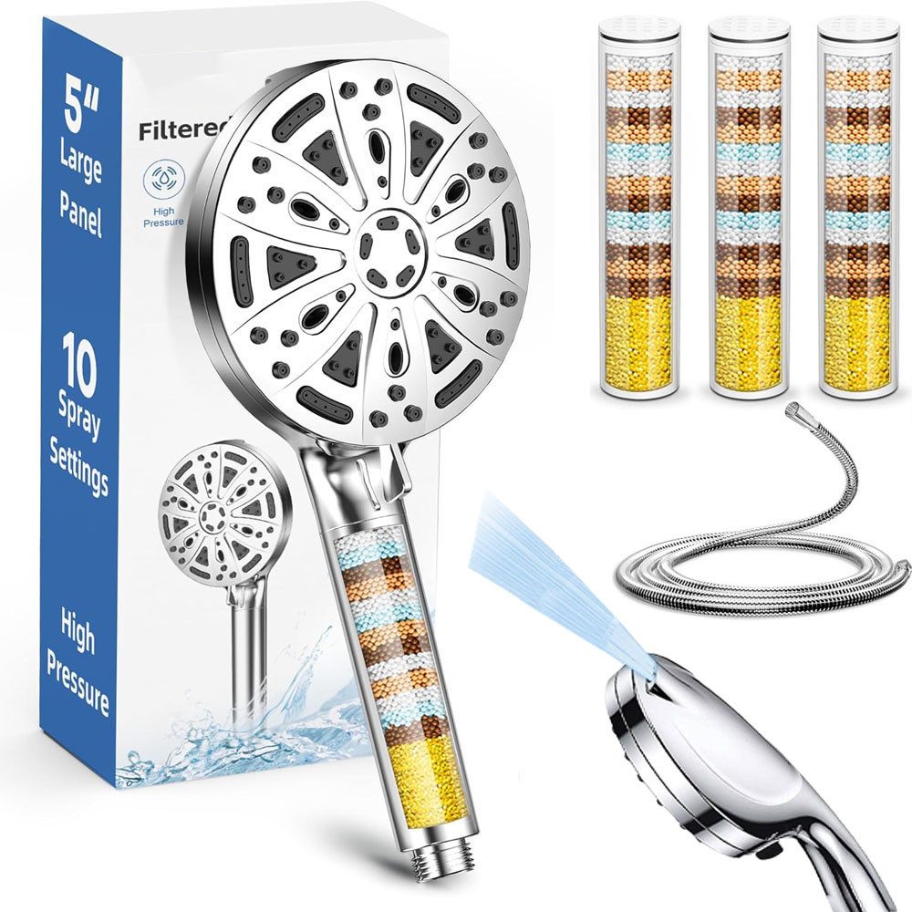 SURFOU Handbrause Duschkopf mit 4 Filter Hochdruck Handbrause mit Schlauch 10Strahlarten, (XL groß 5 Zoll Brause, Duschkopf mit schlauch, Duschkopf mit filter, Duschkopf Wassersparend mit 4 Filterkartuschen, Dusch-Set mit 20-Stufen-Filtersystem, Duschbrause für Hartes Wasser, Rest-Chlor,Bakterien, Schwermetall, 1-tlg., mit 150 cm Edelstahl-Duschschlauch), groß, leistungsstark, verstärkend