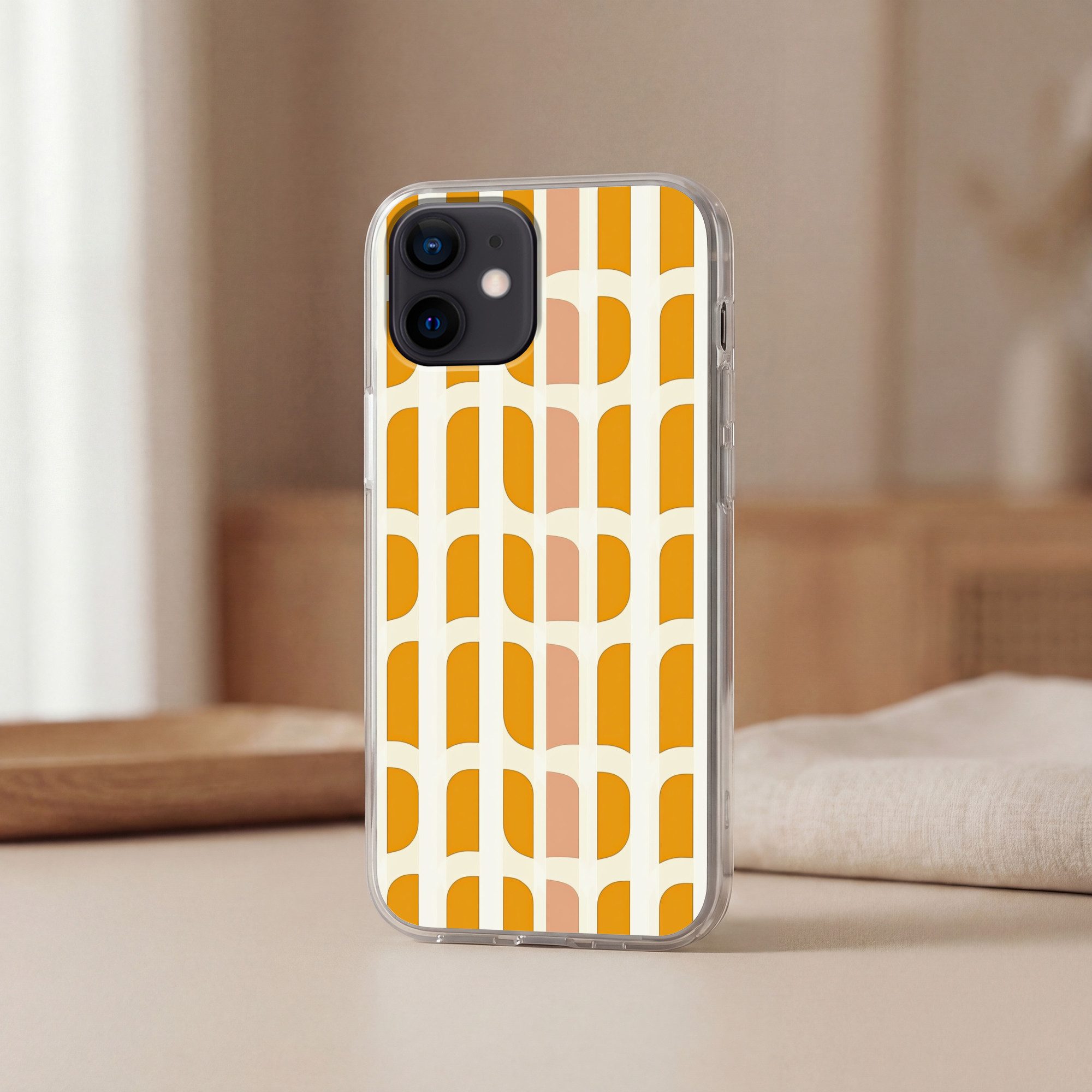 MuchoWow Handyhülle für Apple iPhone 12 Geometrisch - Muster - Gelb - Rosa, Smartphone-Bumper, Print, Handy Schutzhülle Dünn