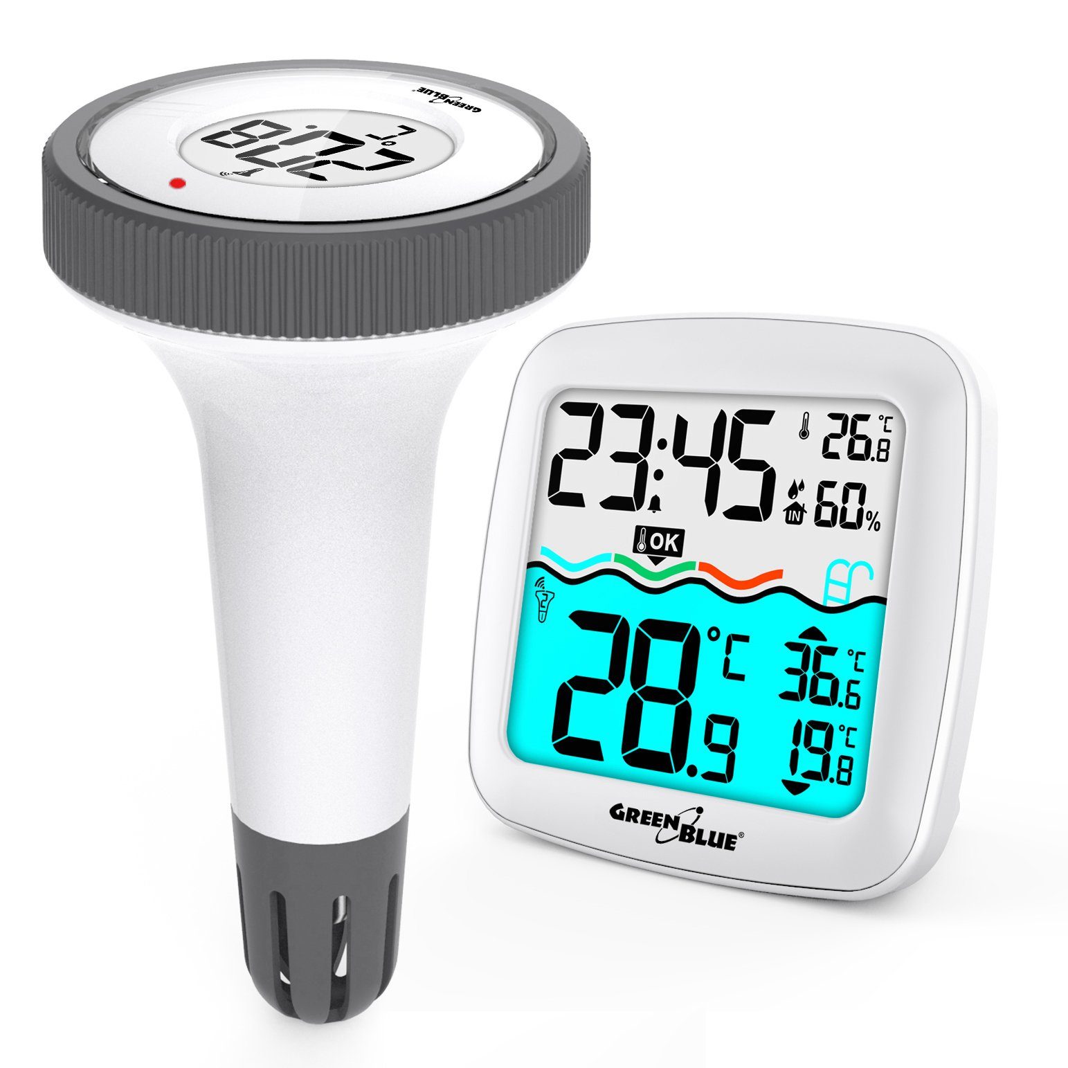 GreenBlue Badethermometer GB216 mit Temperaturstation, Poolthermometer schwimmend, Funk-Wetterstation DCF, für Pool & Spa