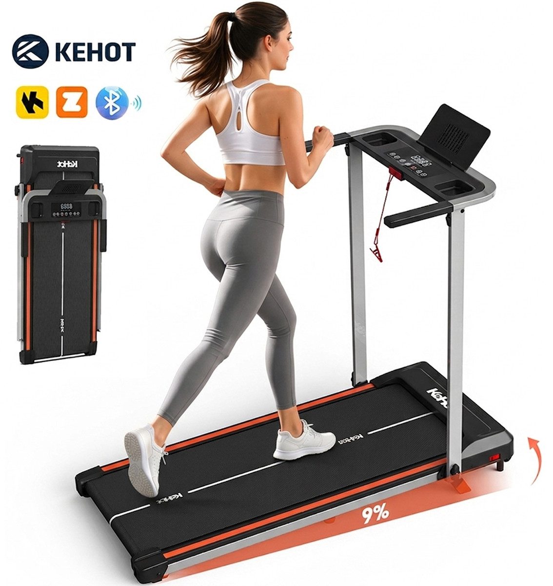 kehot Laufband Laufband mit 9% Steigung, klappbar und leise für Heimtraining (2.5HP Motor, 1–12 km/h, großes LED-Display für Zeit, Distanz, Kalorien, Kompatibel mit APPs: EQI SPORTS, Zwift & Kinomap, Bluetooth), 38×100 cm Lauffläche, Stabil bis 125 kg, inklusive Sicherheits-Key