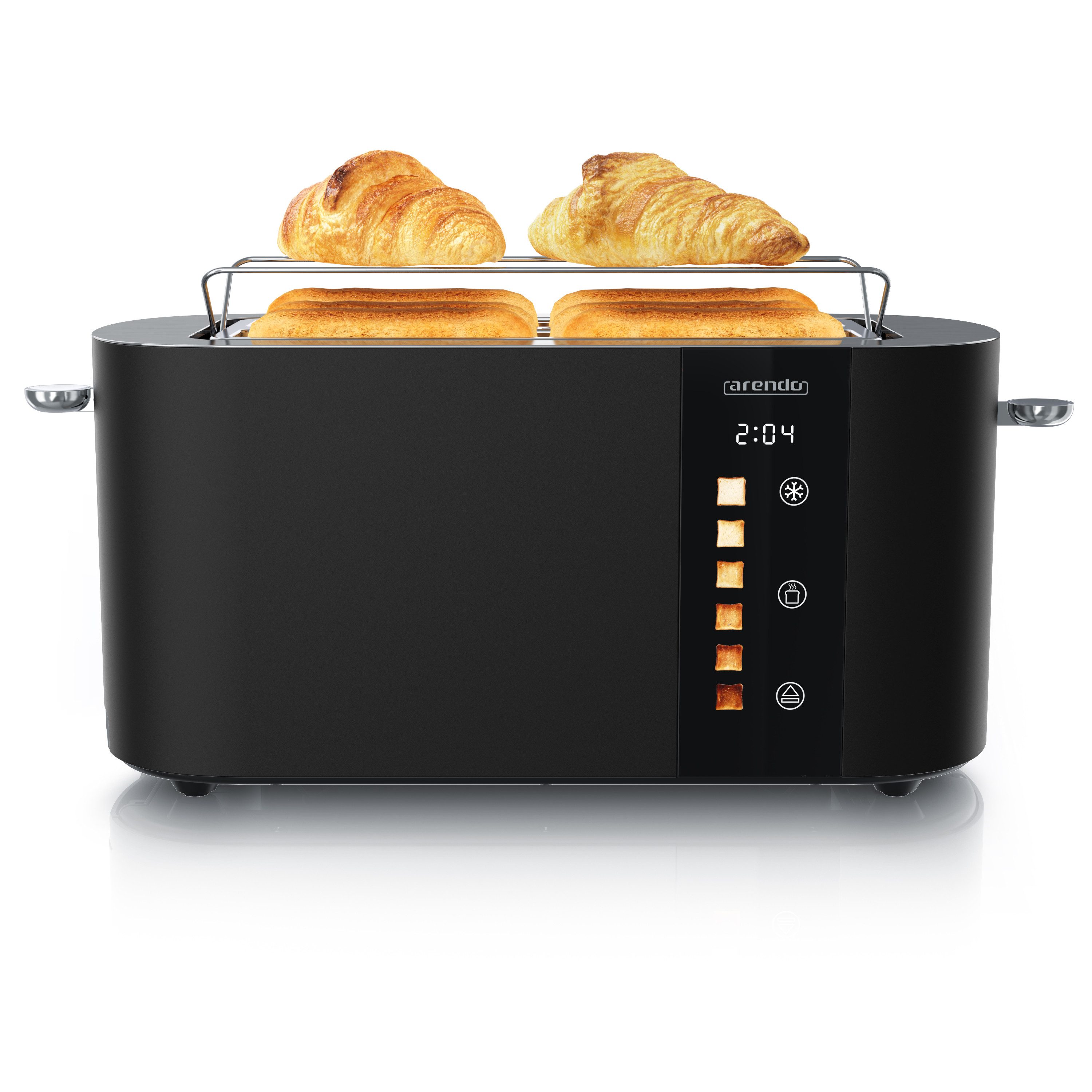 Arendo Toaster Edelstahl, Langschlitz, Touch Display, Restzeit & Bräunungsgradanzeige, 2 lange Schlitze, für 4 Scheiben, 1500 W, Brötchenaufsatz, Wärmeisoliert, Toast-Symbole für Bräunungsgradauswahl