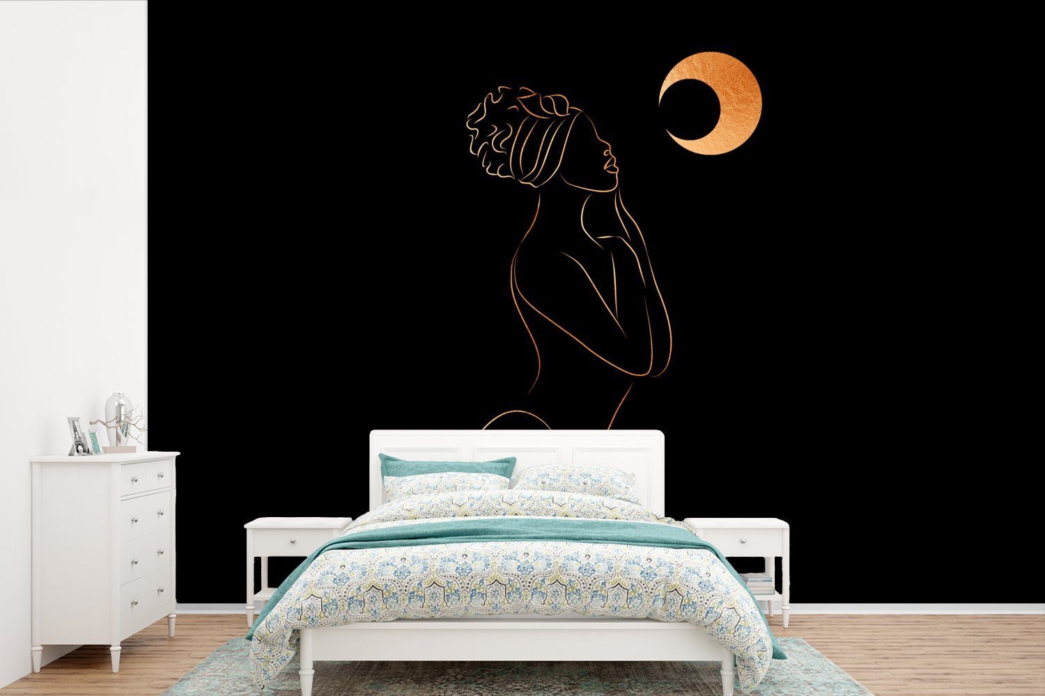 MuchoWow Fototapete Frau - Mond Wallpaper (6 - Vinyl Strichzeichnung, Gold Tapete bedruckt, Matt, St), für Schlafzimmer, Kinderzimmer, - Wohnzimmer