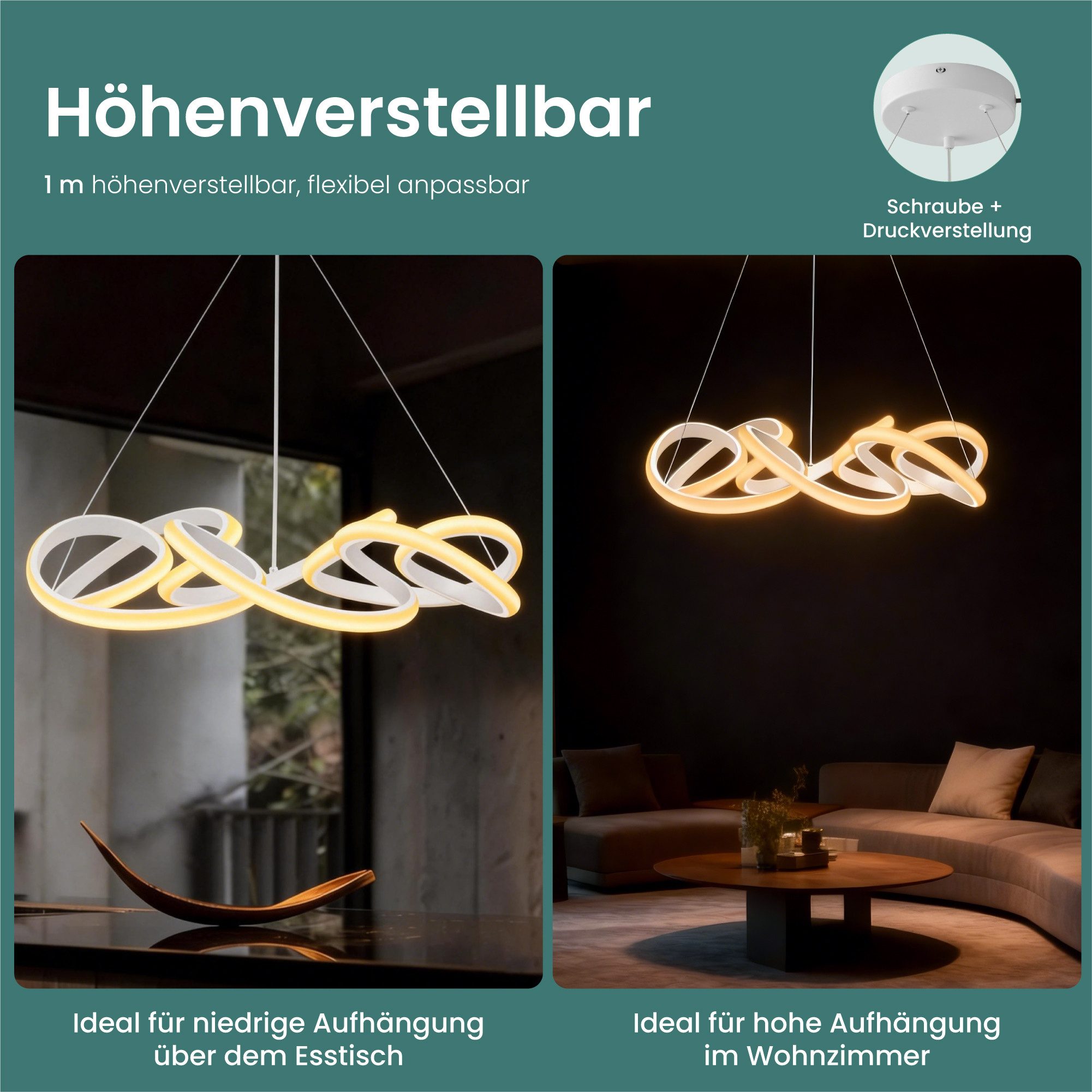 Mai & Mai Pendelleuchte Pendellampe LED Hängelampe Weiß höhenverstellbar 67W Alivetta25040, LED-Pendelleuchte aus Kohlenstoffstahl und Silikon – Bild 5 von 5