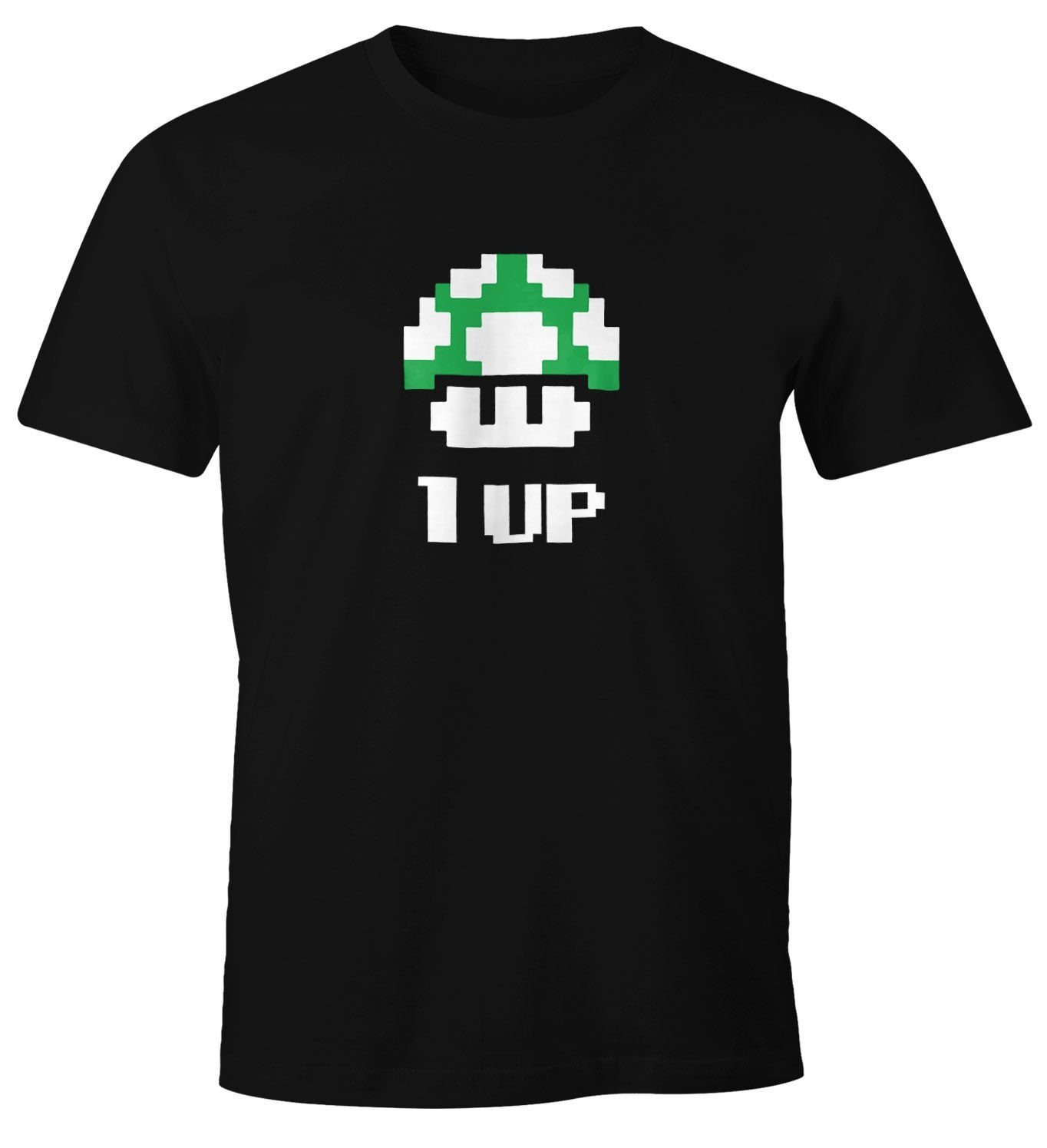 MoonWorks Print-Shirt Herren T-Shirt Geburtstag Retro Pixel-Pilz 1-Up-Pilz Level-Up Gaming Konsole 90er Fun-Shirt Moonworks® mit Print schwarz
