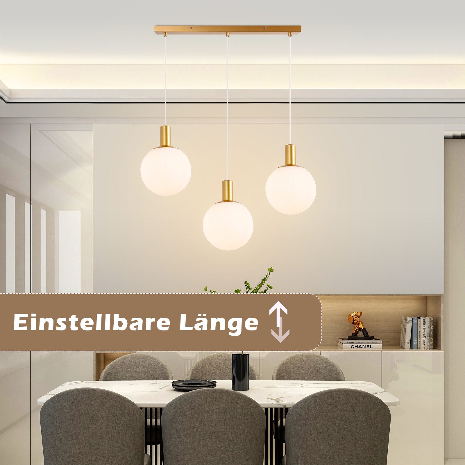 Nettlife Hängeleuchte Esstisch Glas E27 Gold 3/4 Flammig Höhenverstellbar Pendelleuchte, Höhenverstellbar, LED wechselbar, Hängend Glas Kronleuchter für Wohnzimmer Schlafzimmer Küche Esszimmer