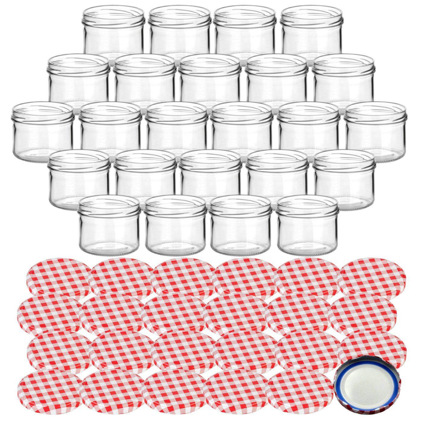 gouveo Einmachglas Vorratsgläser 230 ml rund mit Schraubverschluss TO 82, (24 Stück, Karo-Rot BLUESEAL), Gläser für Selbstgemachtes, Marmelade, Wurst
