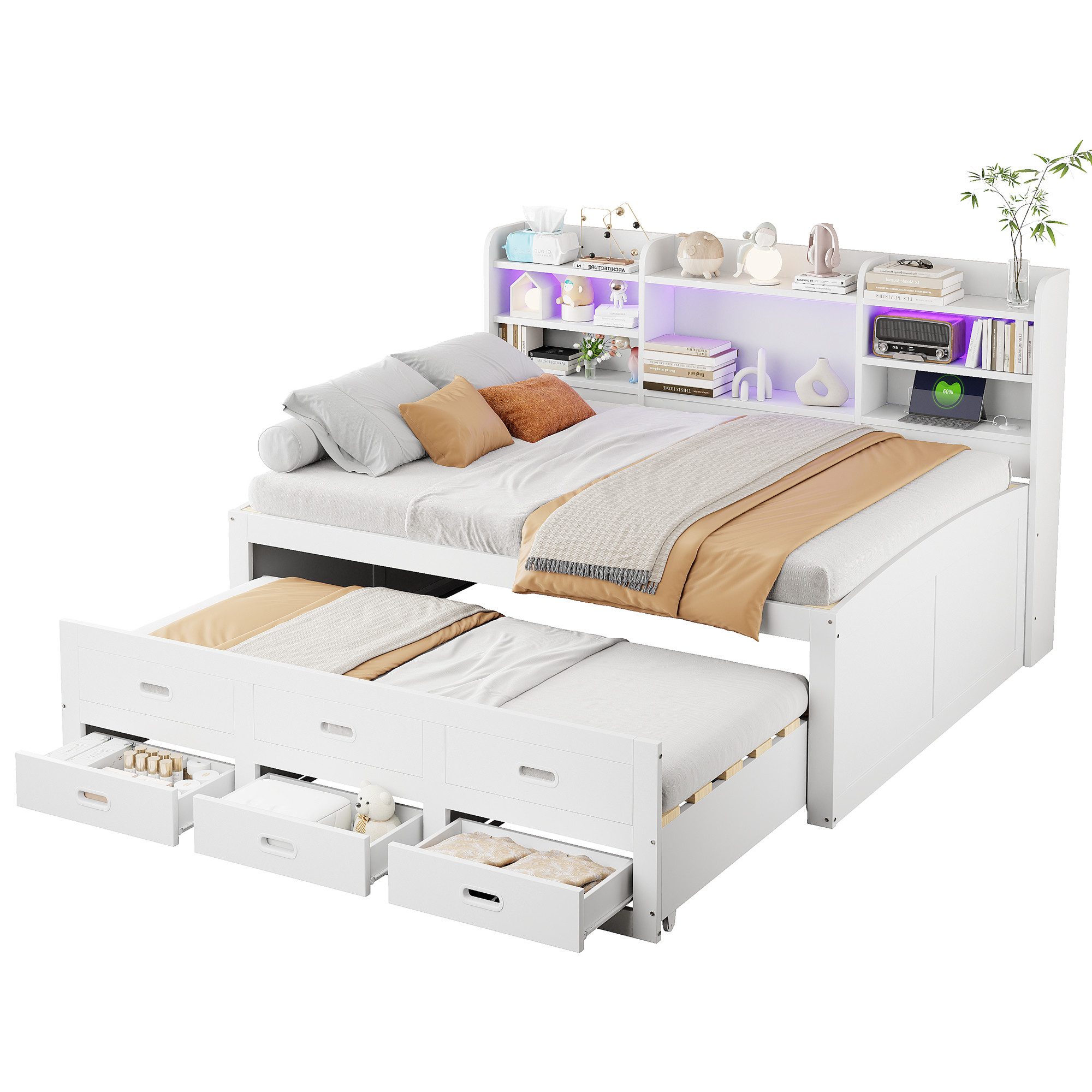 Daybett mit Ausziehbett 90x190cm, Tagesbett mit LED-beleuchtung & USB