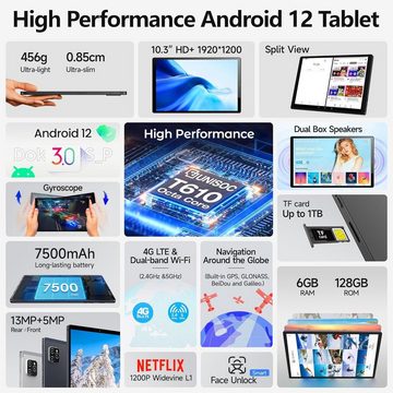 kinstone Tablet (10", 128 GB, Android 12, 4G LTE, Gaming Tablet 6GB RAM, 128GB ROM, Unisoc T610, 4G LTE, 7500mAh, BT 5.0)