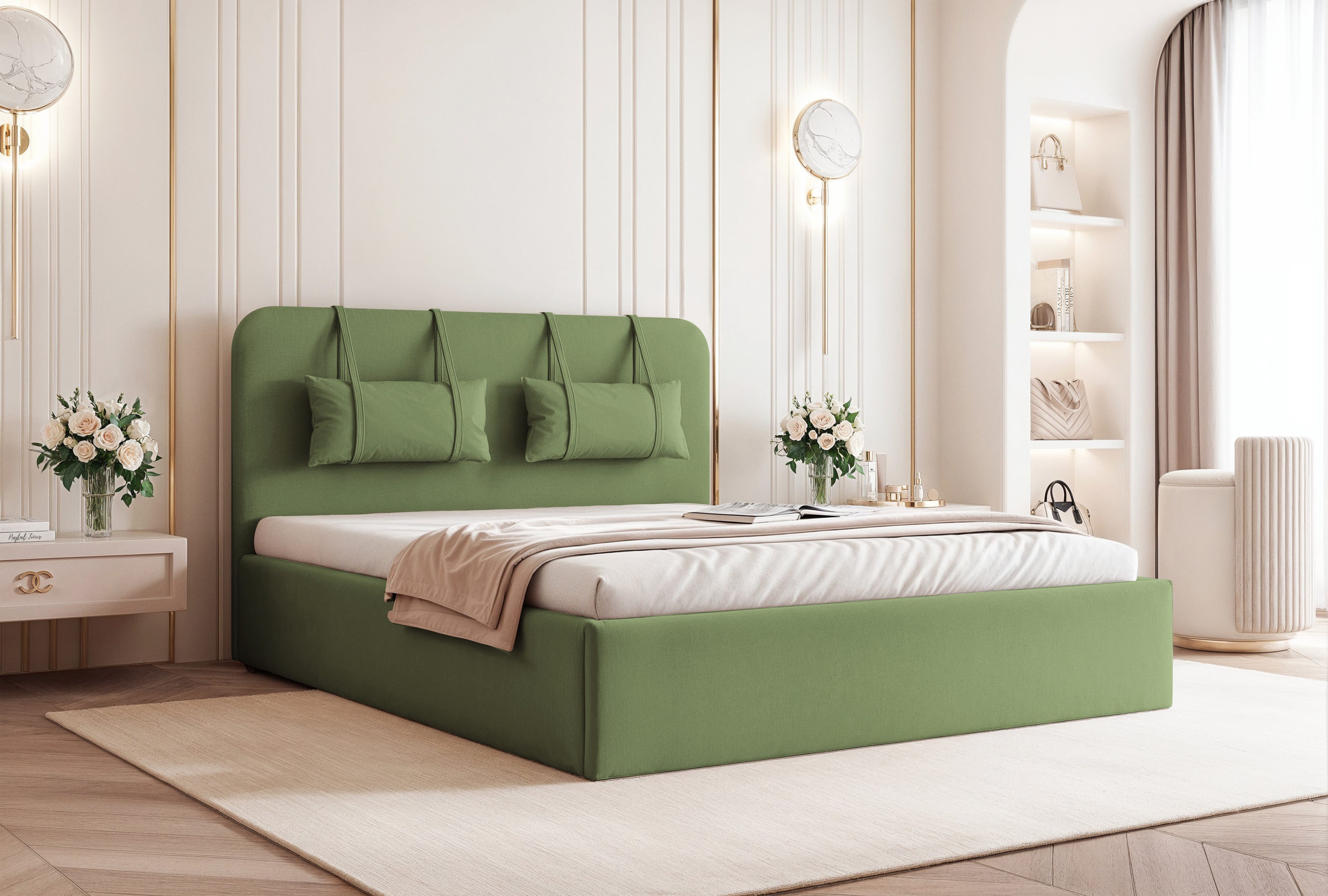 Goldstoff Polsterbett Modernes Schlafzimmerbett "CAPRI" mit elegantem Kopfteil und Stauraum (120–200x200 cm, Kopfteilhöhe: 90/110 cm, Seitenhöhe: 30cm), Luxuriöses Bett mit gepolstertem Kopfteil und großem Stauraum