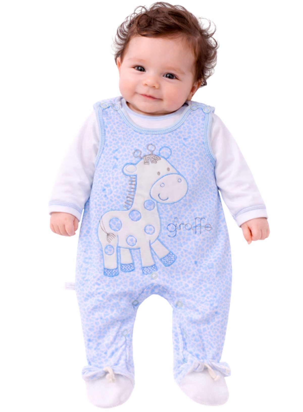 Strampler Baby Anzug Shirt Stramplerhose aus Velours in Blau mit Giraffe