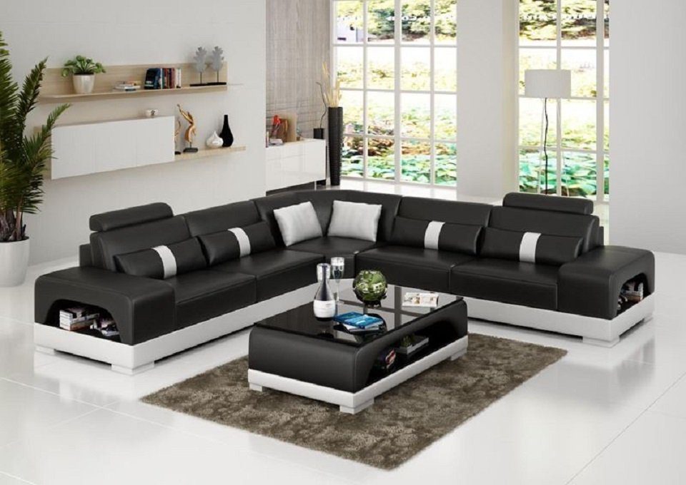 JVmoebel Ecksofa Couch Ecksofa Leder Wohnlandschaft Design Modern Sofa L-Form Neu, Made in Europe Schwarz/Weiß