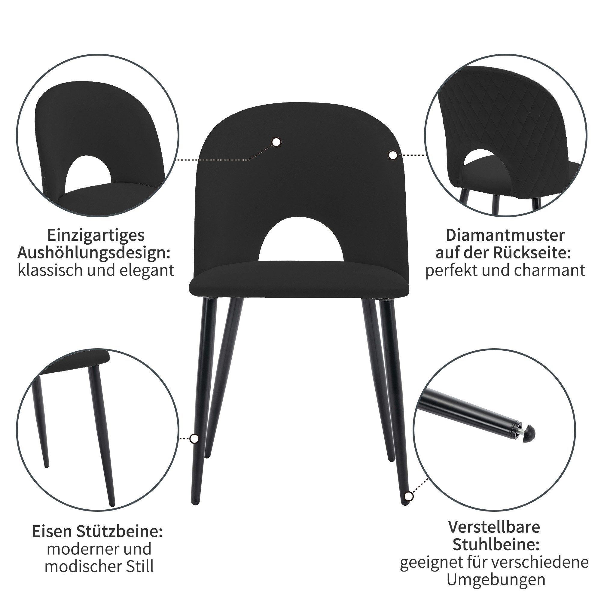 Essgruppe, (117x68 cm Küchentisch mit 4x Polsterstühlen), mit Diamantmuster, Verstellbare Stuhlbeine, Samt Esszimmerstuhl