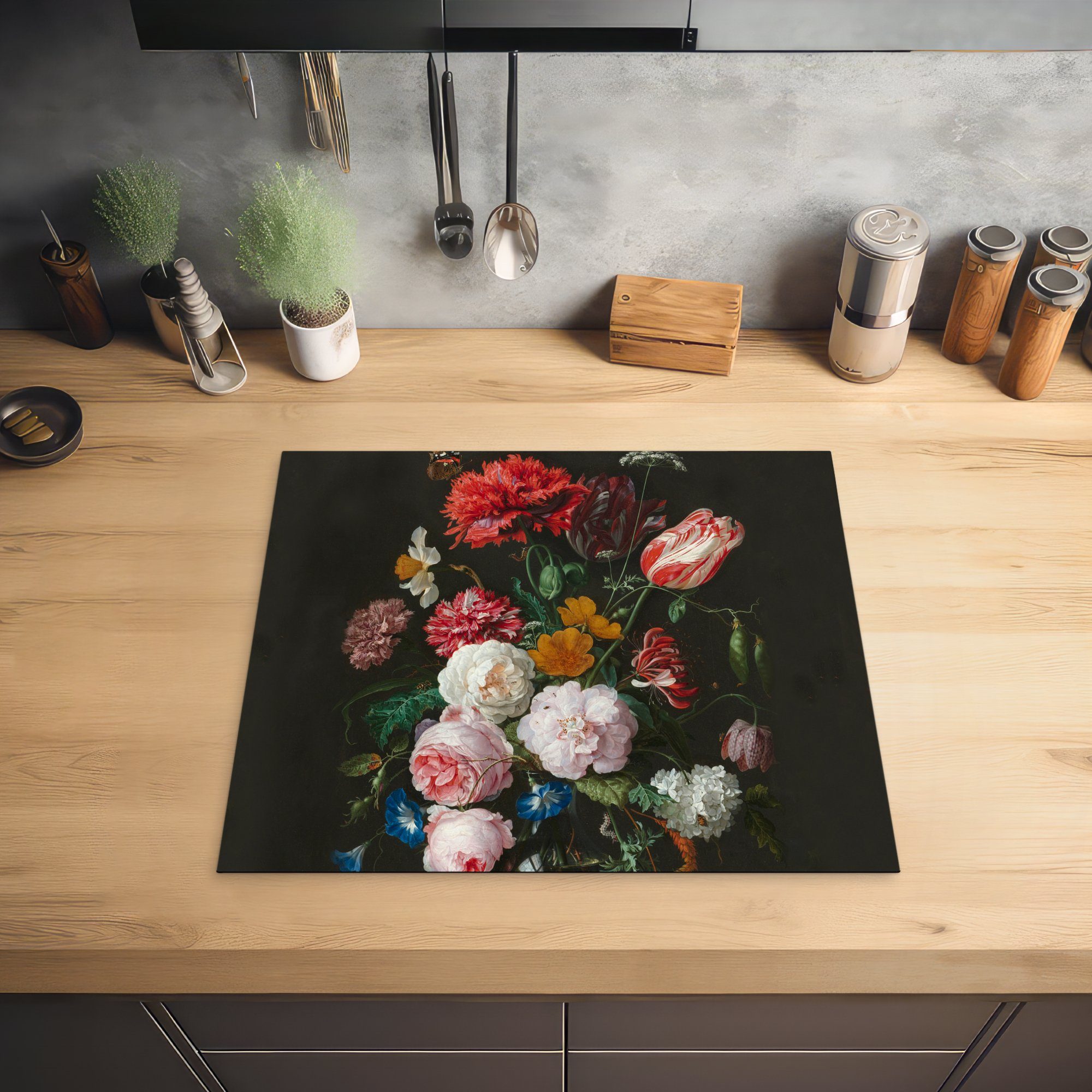 MuchoWow Herdblende-/Abdeckplatte küche, von Davidsz. Blumen Jan Glasvase Ceranfeldabdeckung - (1 Stilleben Gemälde einer 59x52 Induktionsmatte für mit cm, in die tlg), de, Vinyl