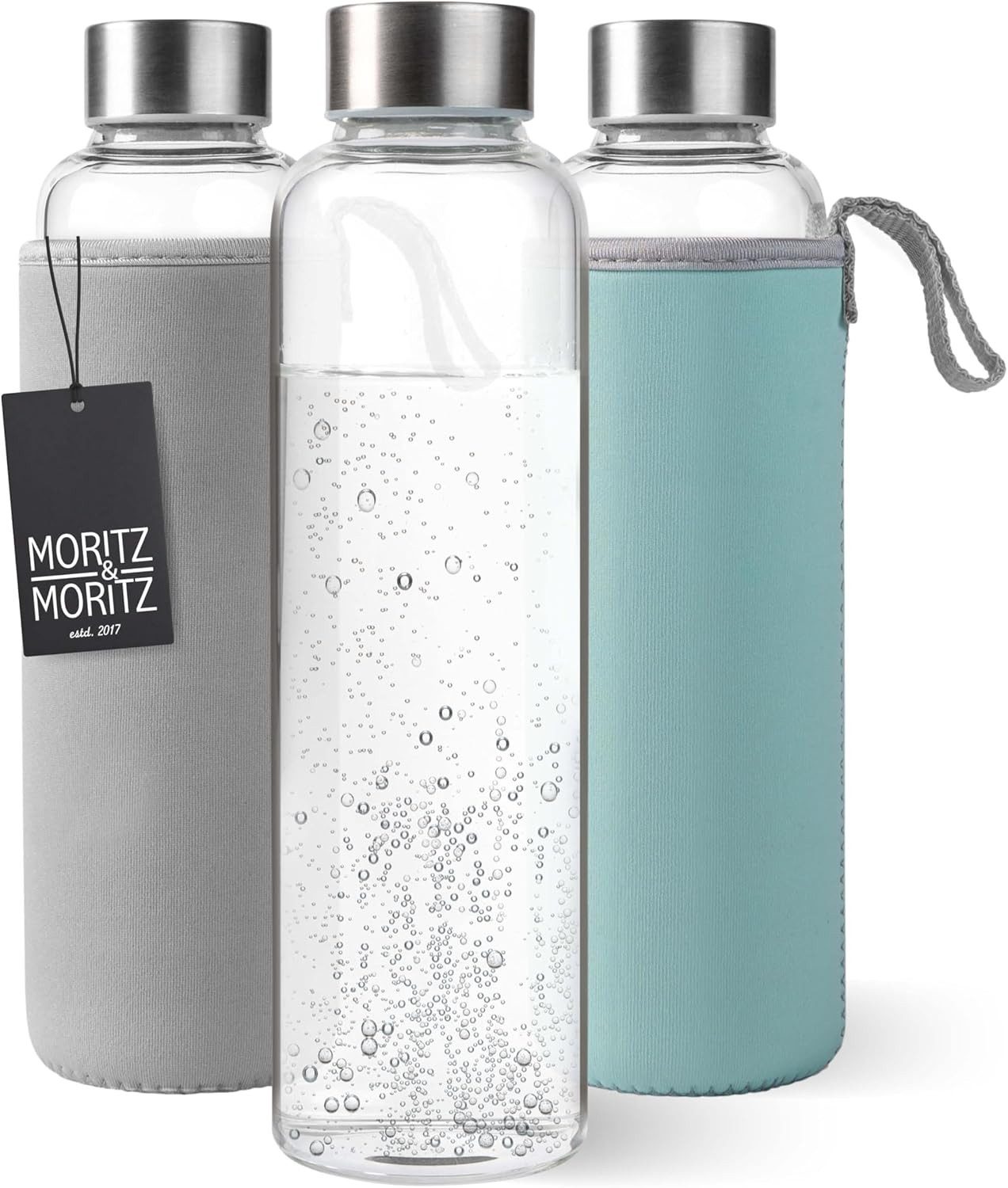 Moritz & Moritz Trinkflasche Trinkflasche Glas 500ml (Blau/Grau), schützender Neoprenbezug & Trageschlaufe