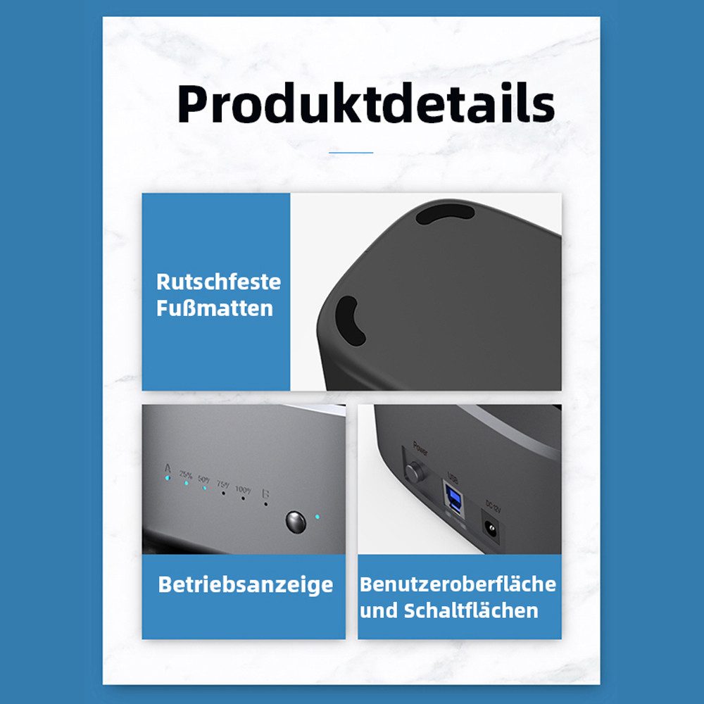 UnionSine Festplatten-Dockingstation UnionSine Dual-Bay-HDD-Dockingstation mit Offline-Klonfunktion, SATA-zu-USB-3.0-HDD-Klon-Dockingstation