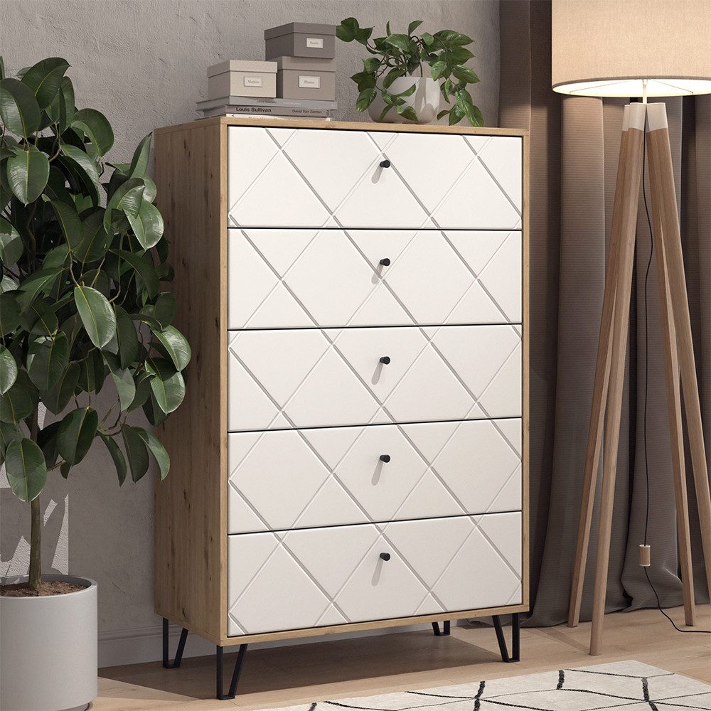 Vicco Kommode Nizza, Artisan/Weiß/Weiß, 80.2 x 127.4 cm mit 5 Schubladen (1 St)