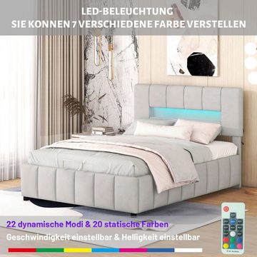 Merax Polsterbett mit LED und Lattenrost, Doppelbett 140x200 cm mit Samtbezug, Stauraumbett