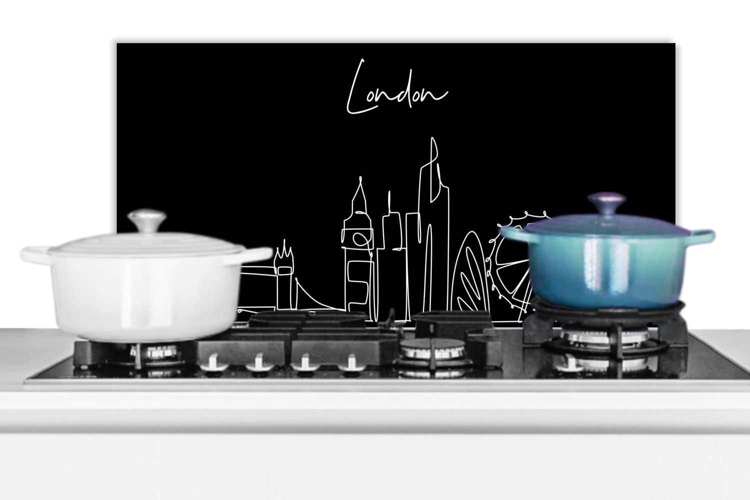 Linienkunst Schmutzflecken Fett Küchen für 60x30 London gegen cm, - (1-tlg), - MuchoWow Skyline und Küchenrückwand weiß, Wandschutz, - Schwarz und