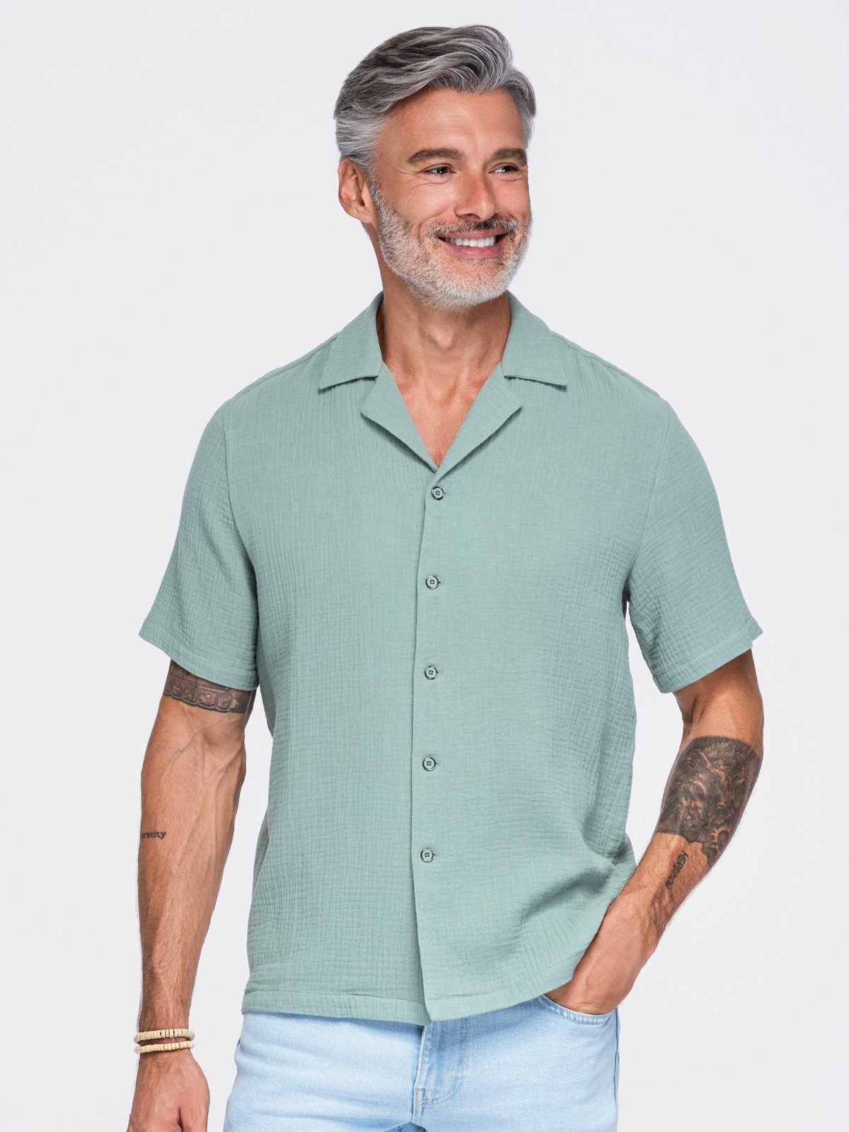 OMBRE T-Shirt Herren T-Shirt mit Rundhalsausschnitt Casual Sage green M (kein Set, 1-tlg) aus Baumwolle