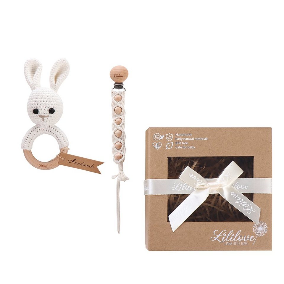 Lililove Geschenkset Neugeborenen-Geschenkset Lovely Bunny Box (Geschenkset,  2-teilig, Rassel: 13cm, Schnullerkette: 26cm) Geschenkset