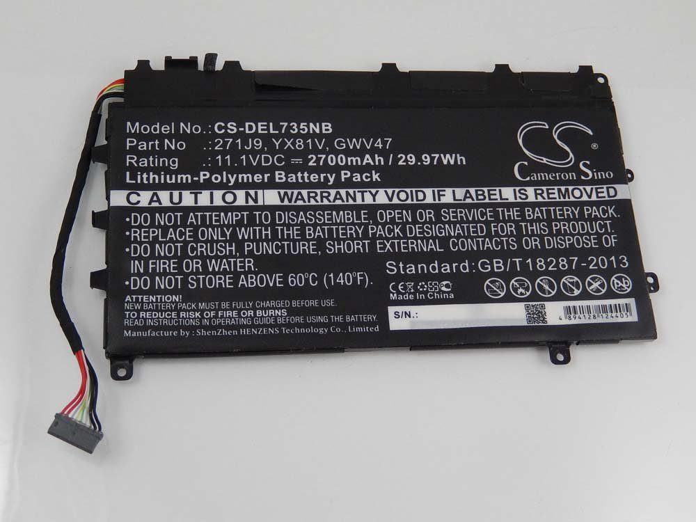 vhbw Ersatz für Dell YX81V, MN791, 3WKT0, GWV47, 0MN791, 271J9, 0GWV47 für Laptop-Akku Li-Polymer 2700 mAh (11,1 V)