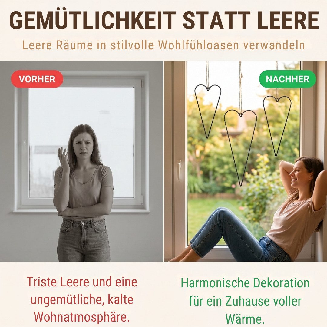 Topanbieter999 Hängedekoration Herz Metall schwarz (3 teilig), DREI Größen, mit Jute Band zum Aufhängen