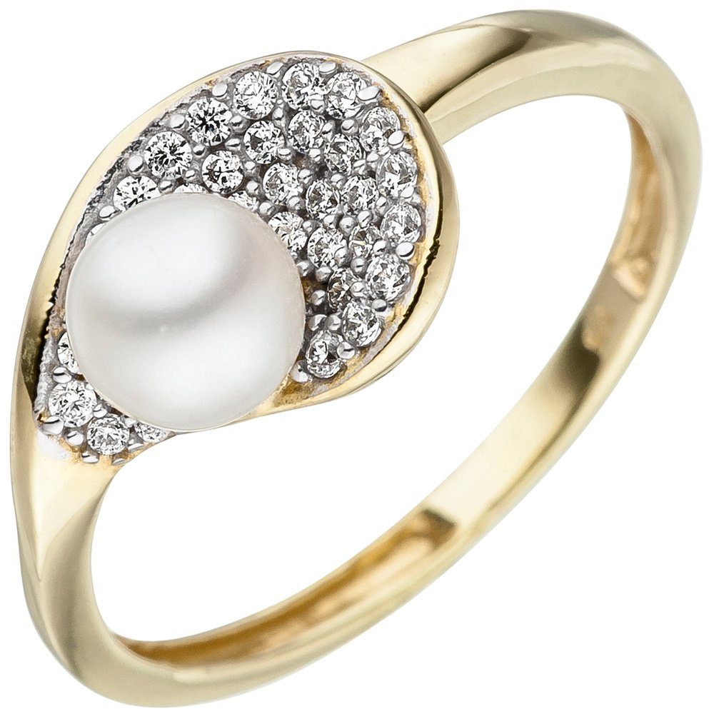 Schmuck Krone Goldring Ring mit Süßwasser-Perle & Zirkonia weiß, 375 Gold, Gold 375