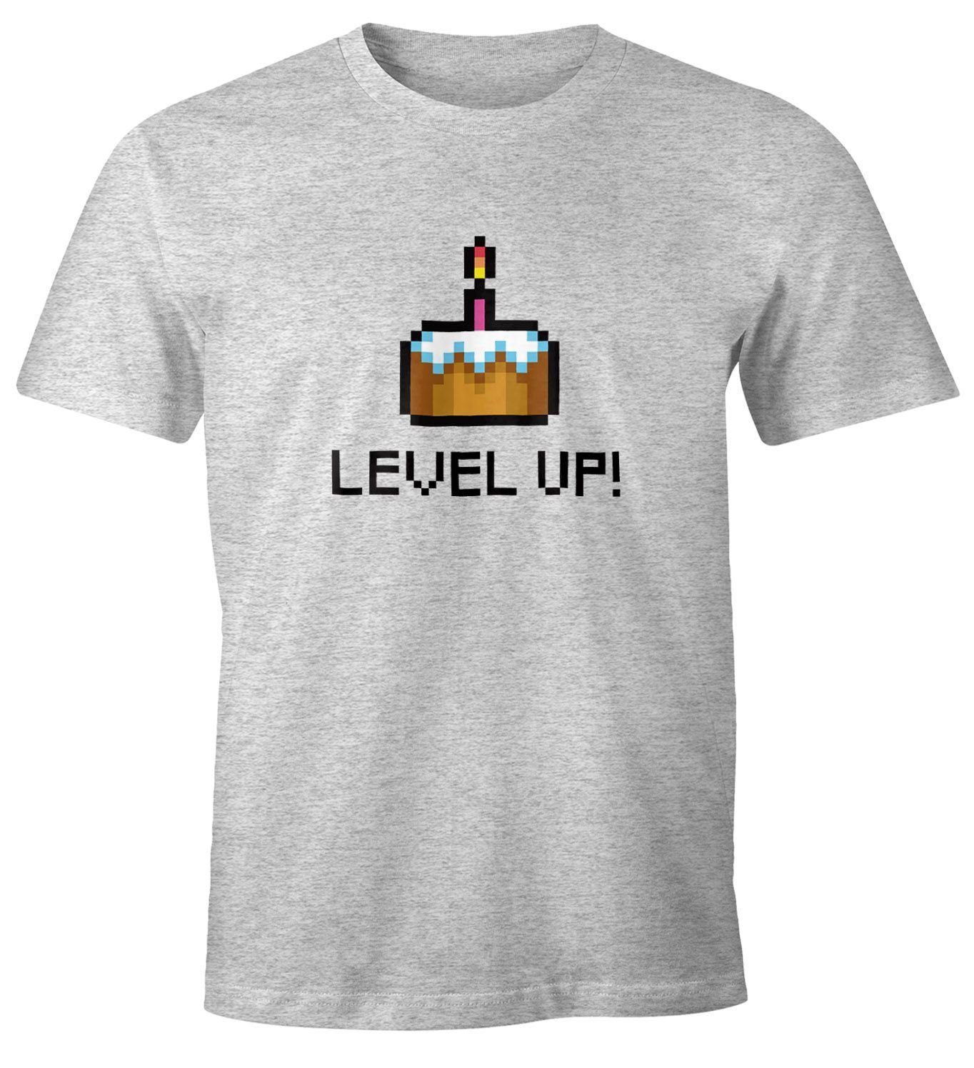 Herren Retro Gamer Level grau Fun-Shirt Moonworks® Print-Shirt Up T-Shirt Pixel-Torte MoonWorks Geschenk Pixelgrafik Geburtstag Arcade mit Print