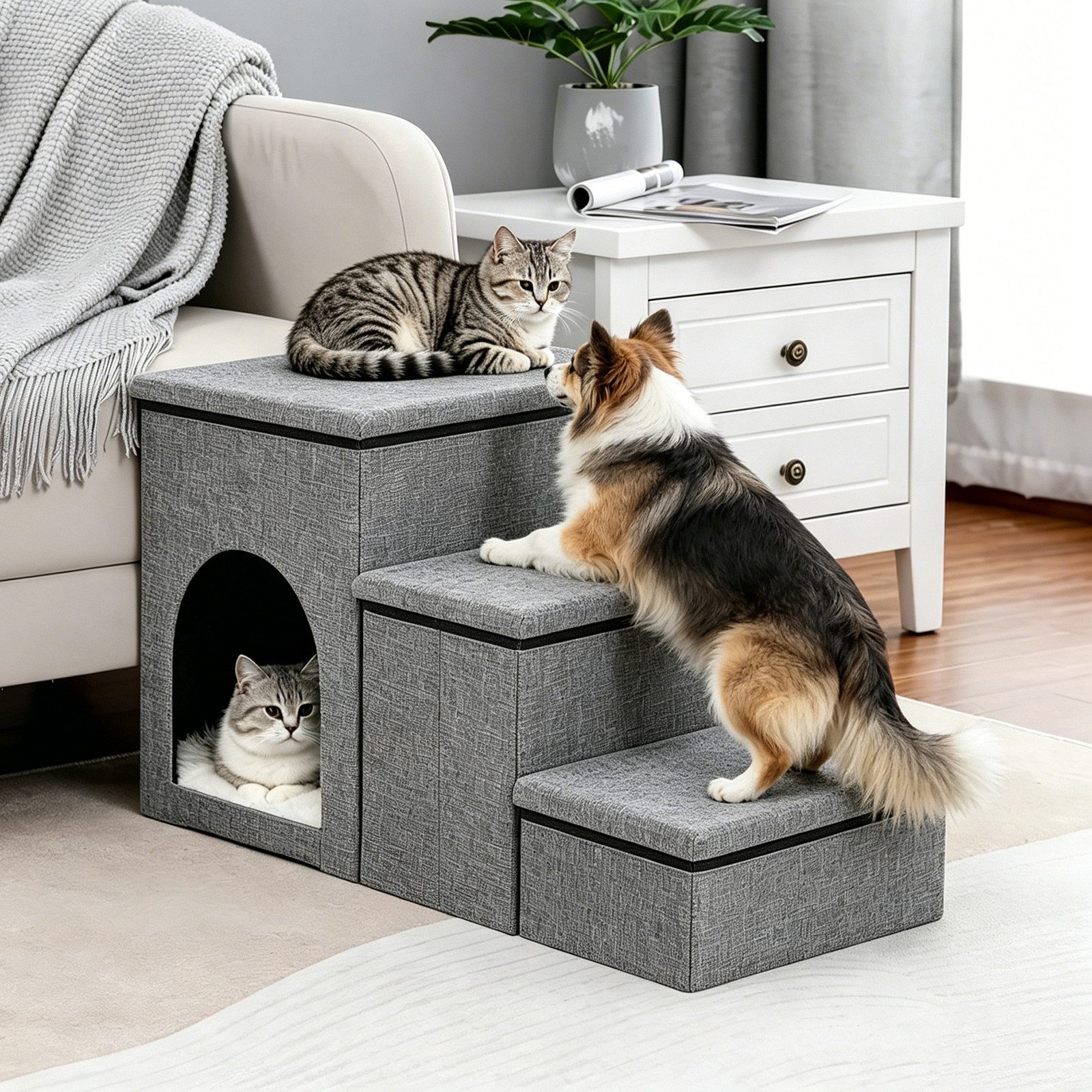 BlingBin Haustiertreppe Hundetreppe 3-stufig, 32,5 cm Katzentreppe für Bett und Sofa (1er set, 1-St., 72,5cm x 32,5cm x 43 cm), Haustiertreppe mit Stauraum und Katzenöffnung für Bett und Couch