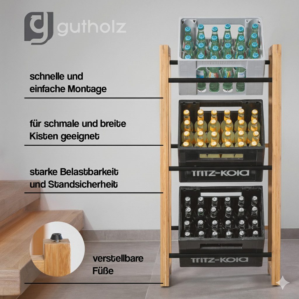 gutholz Standregal Getränkekistenregal aus Bambus & Edelstahl für 3 Kisten