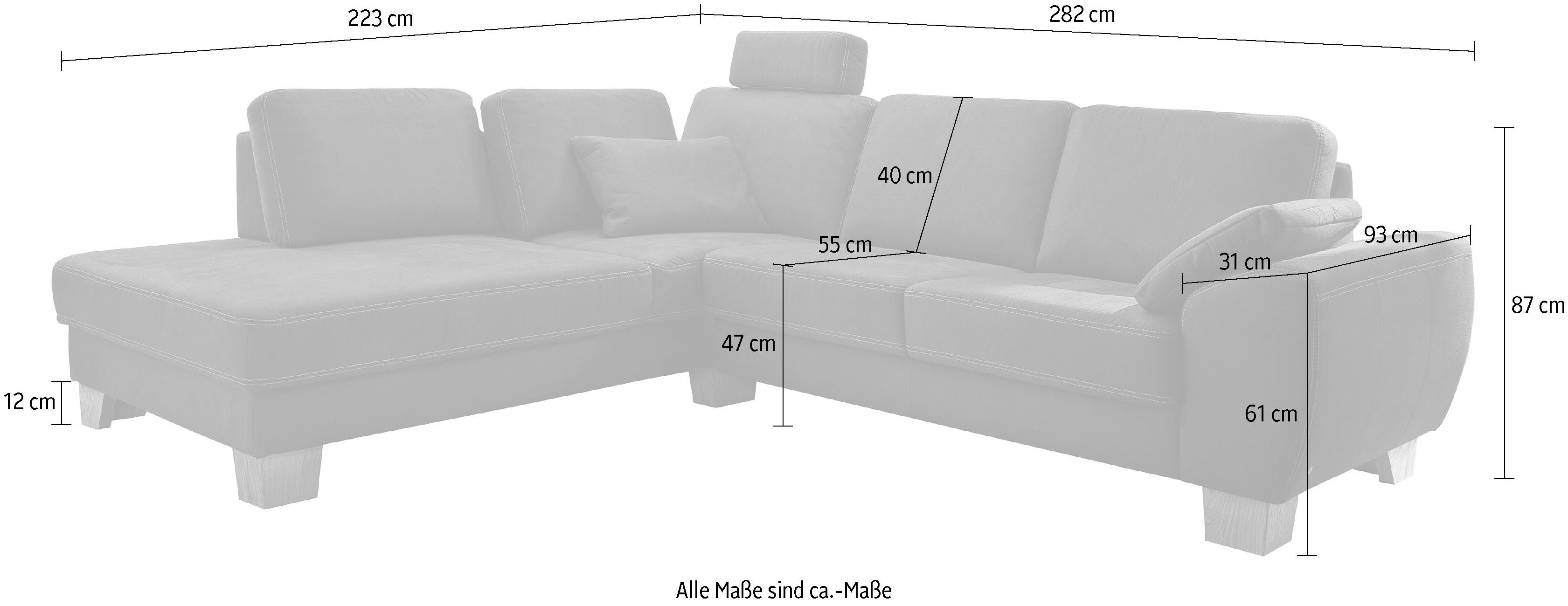 Ecksofa Federkern Sitztiefenverstellung, 2 Kopfstützen, Teramo, Carina incl. 3C