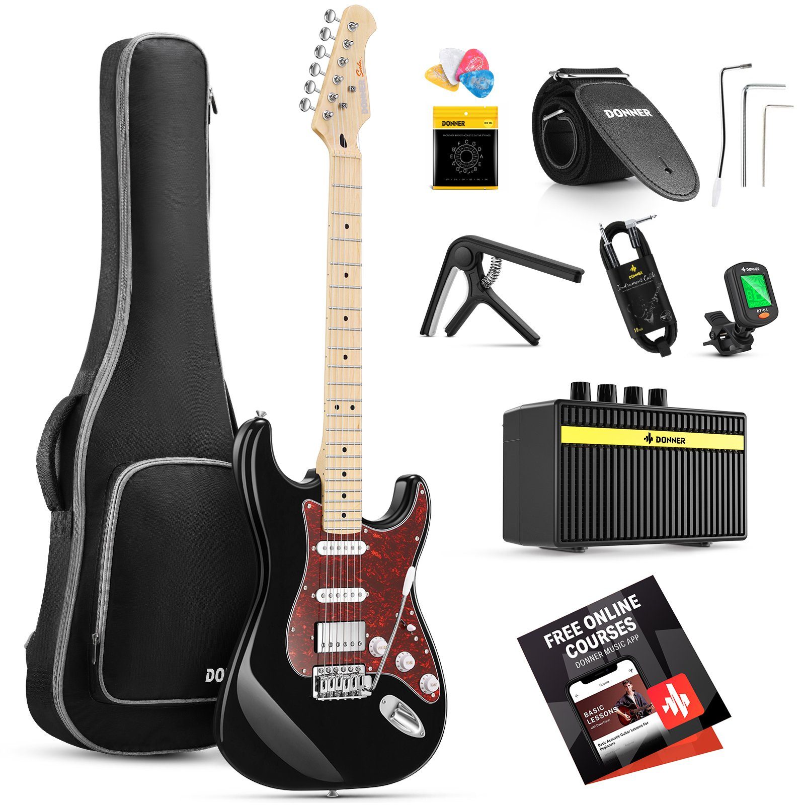 Donner E-Gitarre E-Gitarre 39 Zoll mit Kits für erwachsene Anfänger DST-152, Festkörper, Satz, Verstärker, Tasche, Zubehör, ST-Stil, HSS-Tonabnehmerspule geteilt
