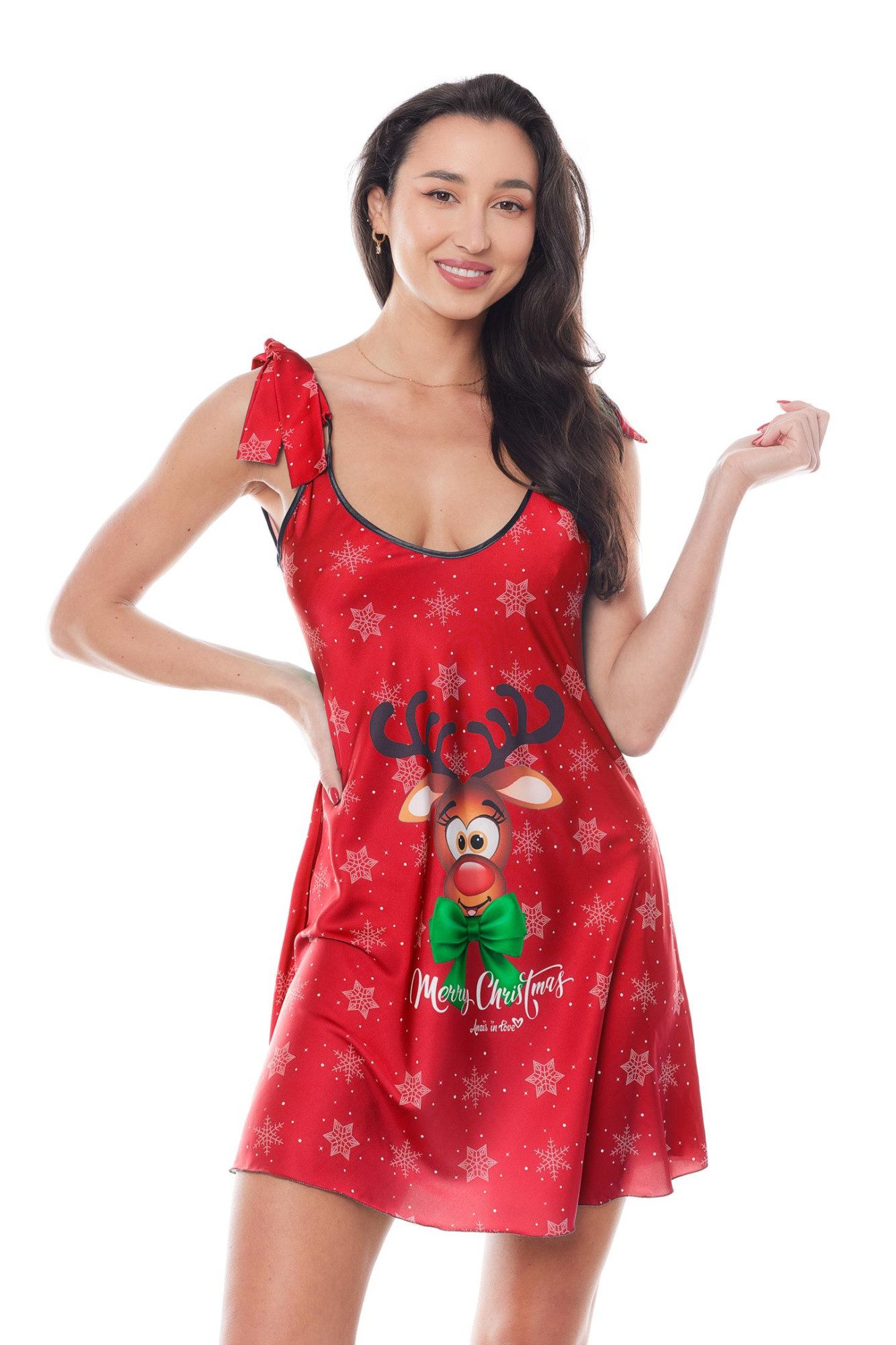 Anais apparel Negligé Rotes Weihnachtskleid mit Rentier und Sternen Christmas Chemise blickd