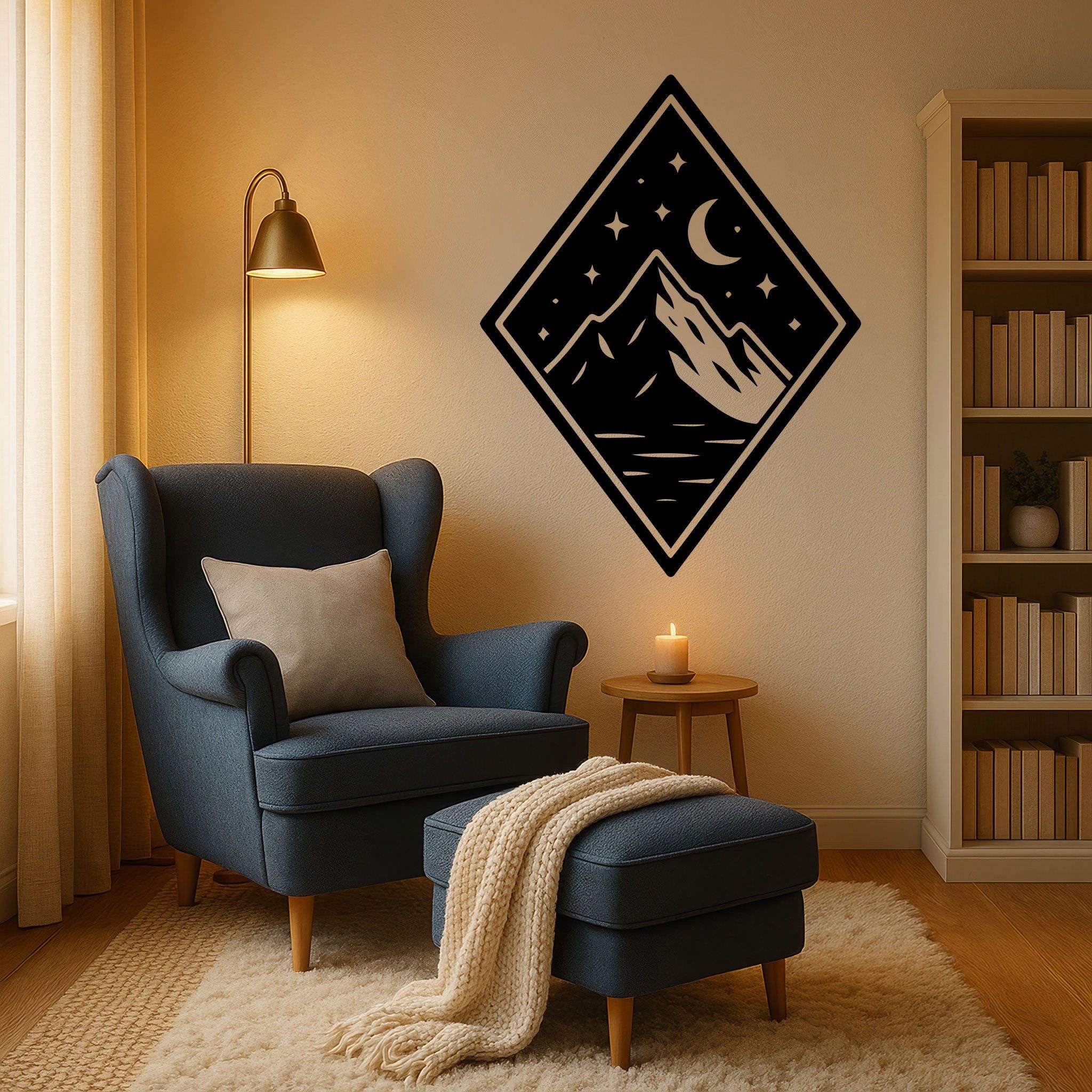 Sunnywall Wandtattoo Berglandschaft mit Sternenhimmel – Rautendesign in Schwarz, selbstklebend, konturgeschnitten, rückstandslos entfernbar