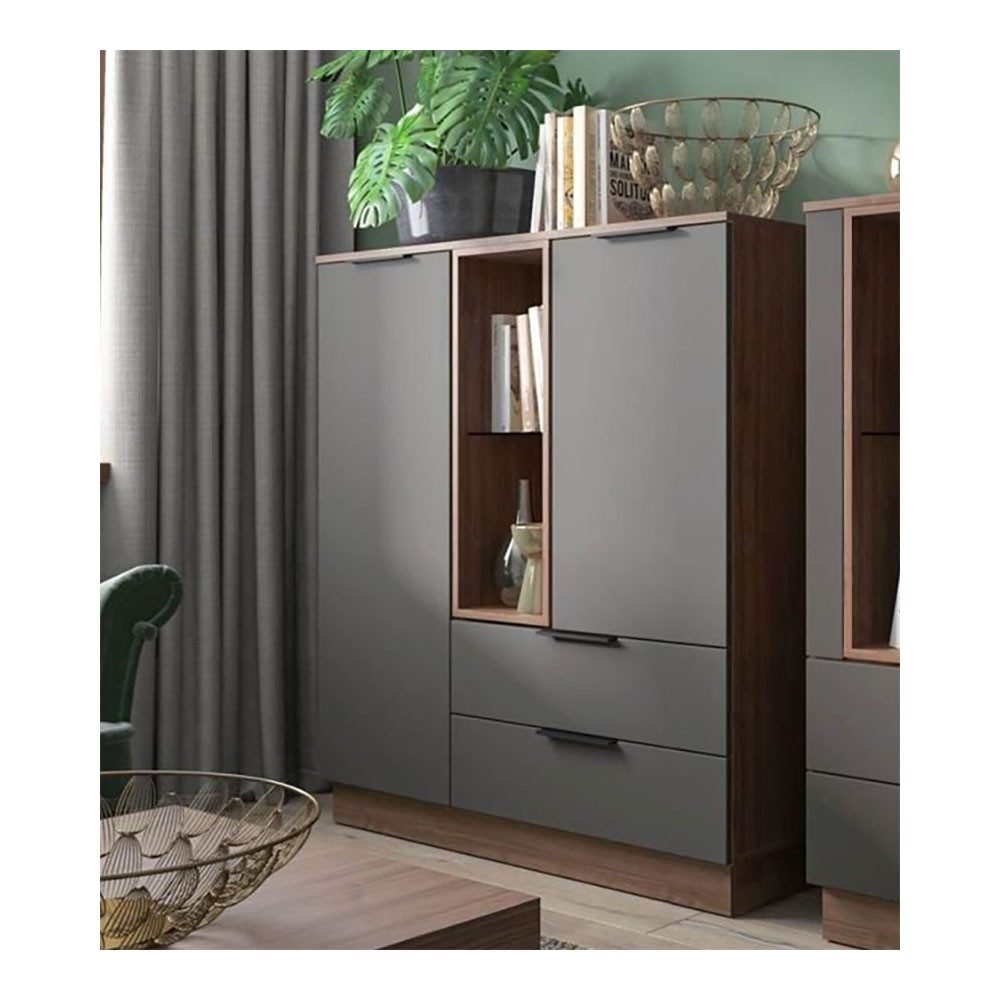 Feldmann-Wohnen Highboard Alicante (2 Türen, 2 Schubladen, 1 offenes Fach, 1 St., moderne Optik, holzfarbene Akzente, Griffstücke), 120x38x136cm walnussfarben / schwarzgrau