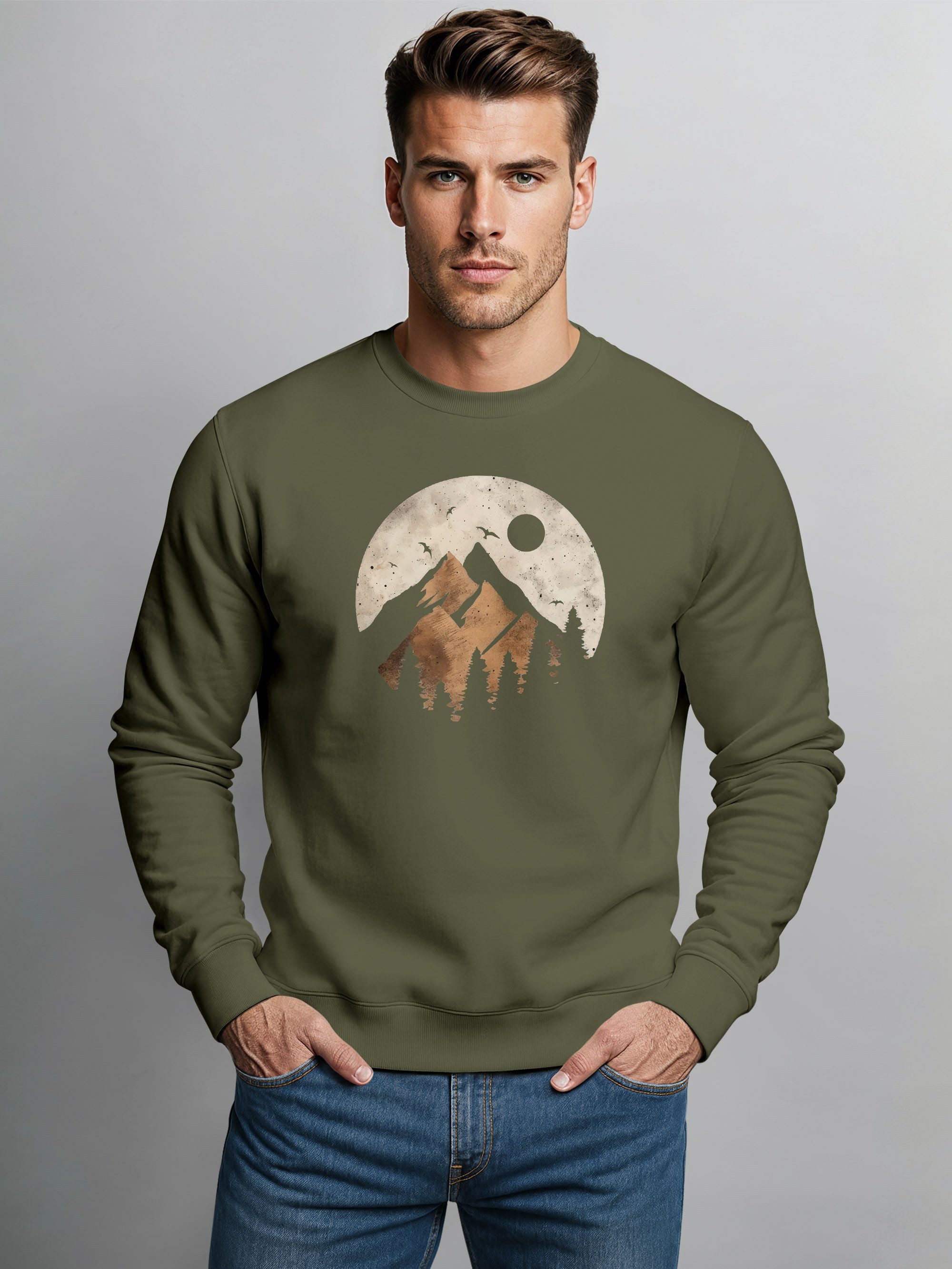 Neverless Sweatshirt Sweatshirt Herren ohne Kapuze Frontprint mit Berg und günstig online kaufen