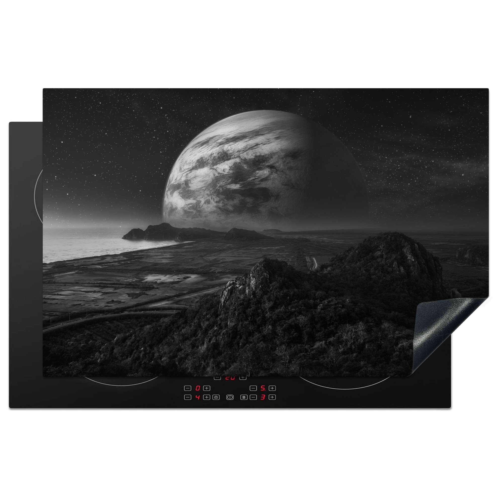 MuchoWow Herdblende-/Abdeckplatte Planeten - Berge - Sterne, Vinyl, (1 tlg), 81x52 cm, Induktionskochfeld Schutz für die küche, Ceranfeldabdeckung