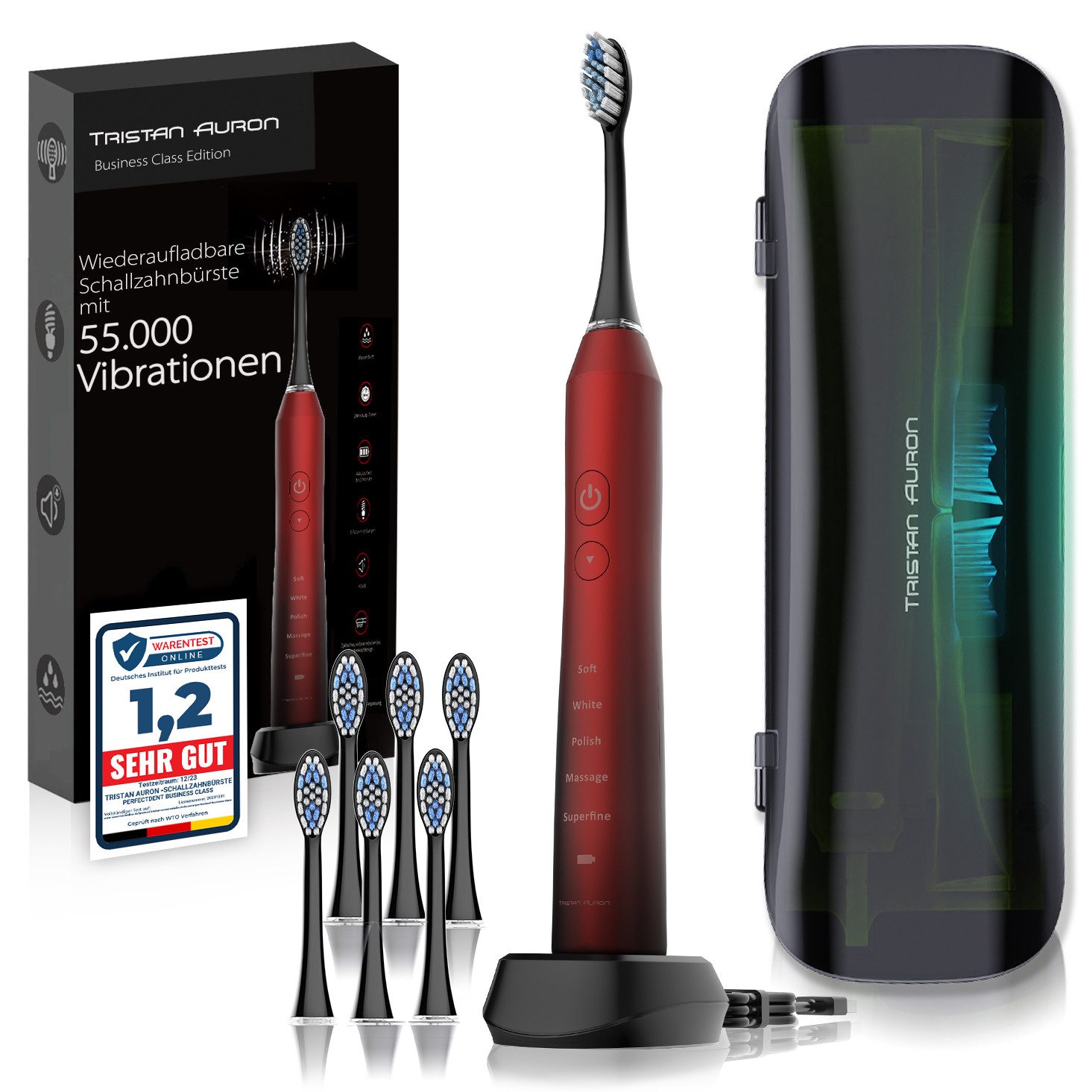 Tristan Auron Schallzahnbürste Elektrische Zahnbürste UV-Etui 55 000 VPM 2 Min Timer 60 Tage Akku, Aufsteckbürsten: 6 St., 6x Bürstenköpfe, 1x elektrische Zahnbürste, 1x UV-Case, 1xLadestation, UV Reinigungsgerät, 5 Modis, extrem leise <65db, IPX7 Wasserdicht