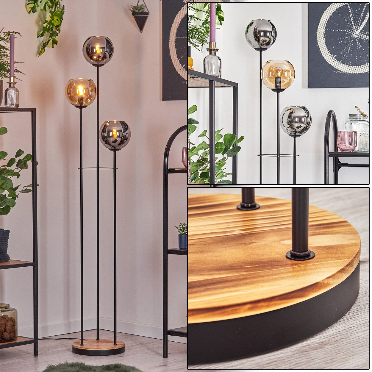 hofstein Stehlampe Stehlampe Metall/Holz/Glas in Schwarz/Hellbraun/Chrom/Rauch/Bernstein, ohne Leuchtmittel, Stehleuchte im Retro-Design m. Glasschirmen (15cm), Fußschalter, E14
