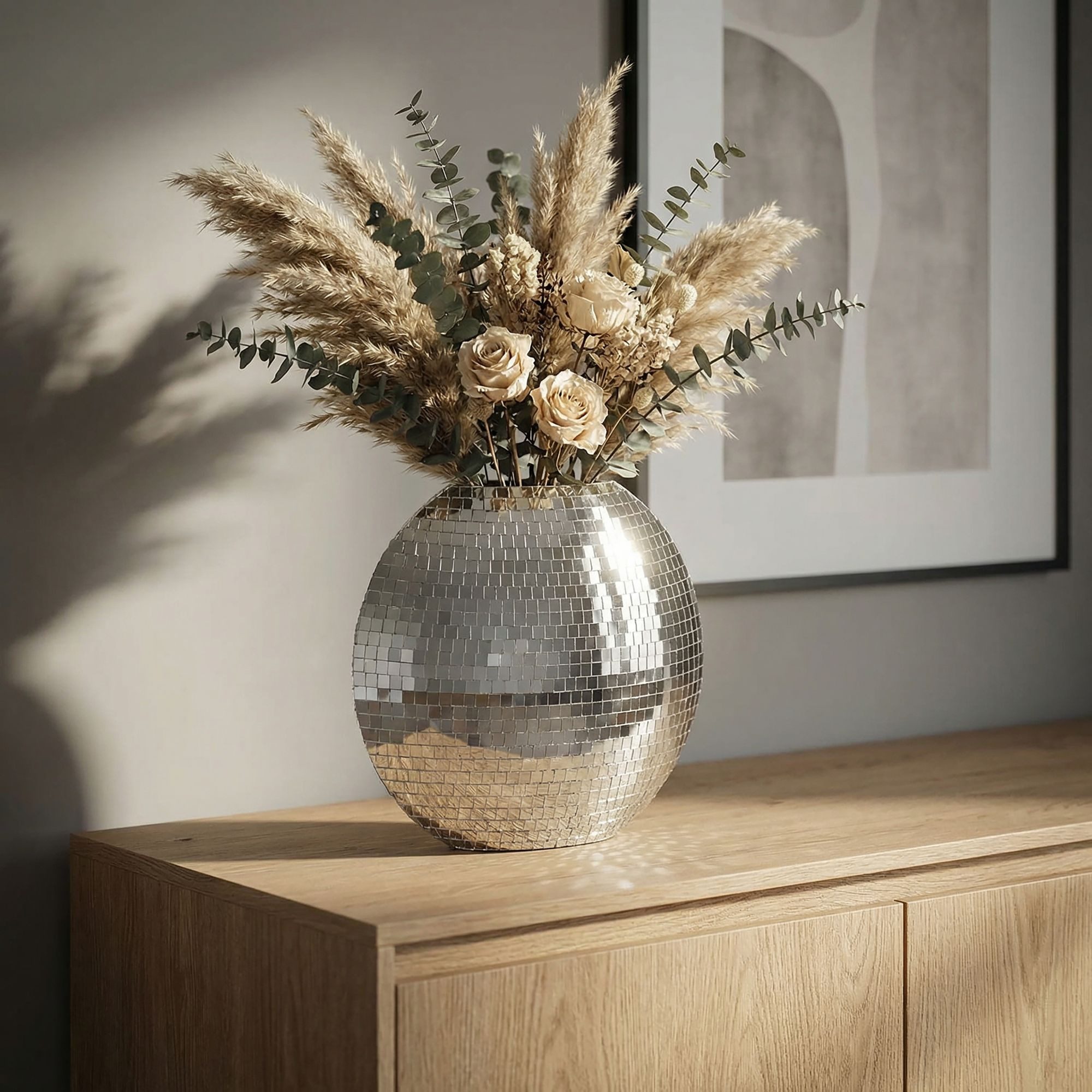 FINEBUY Dekovase FB77834 Vase Dekovase 40cm Metall Silber Blumenvase Wohndeko Rund (Extravagante Metallvase in edler Mosaikoptik), Schlankes Design aus robustem Eisen