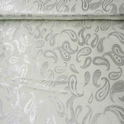 SCHÖNER LEBEN. Stoff Lurex Jaquard Stoff Paisley weiß silberfarbig 1,5m Breite, mit Metallic-Effekt