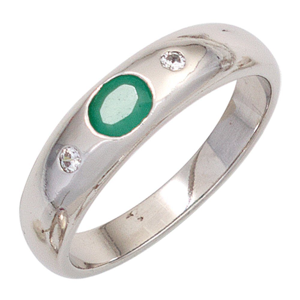 Schmuck Krone Silberring Ring Damenring Smaragd oval grün Zirkonia weiß 925 Silber schlicht Silberring, Silber 925