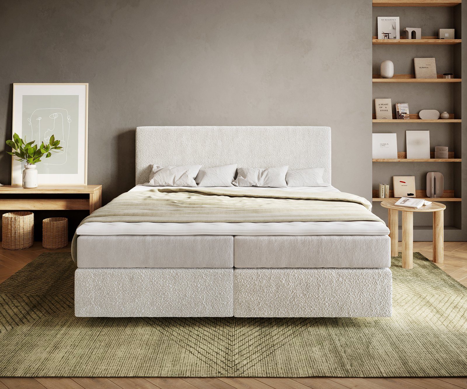 DELIFE Boxspringbett Dream-Well, Bouclé Creme-Weiß 180x200 günstig online kaufen