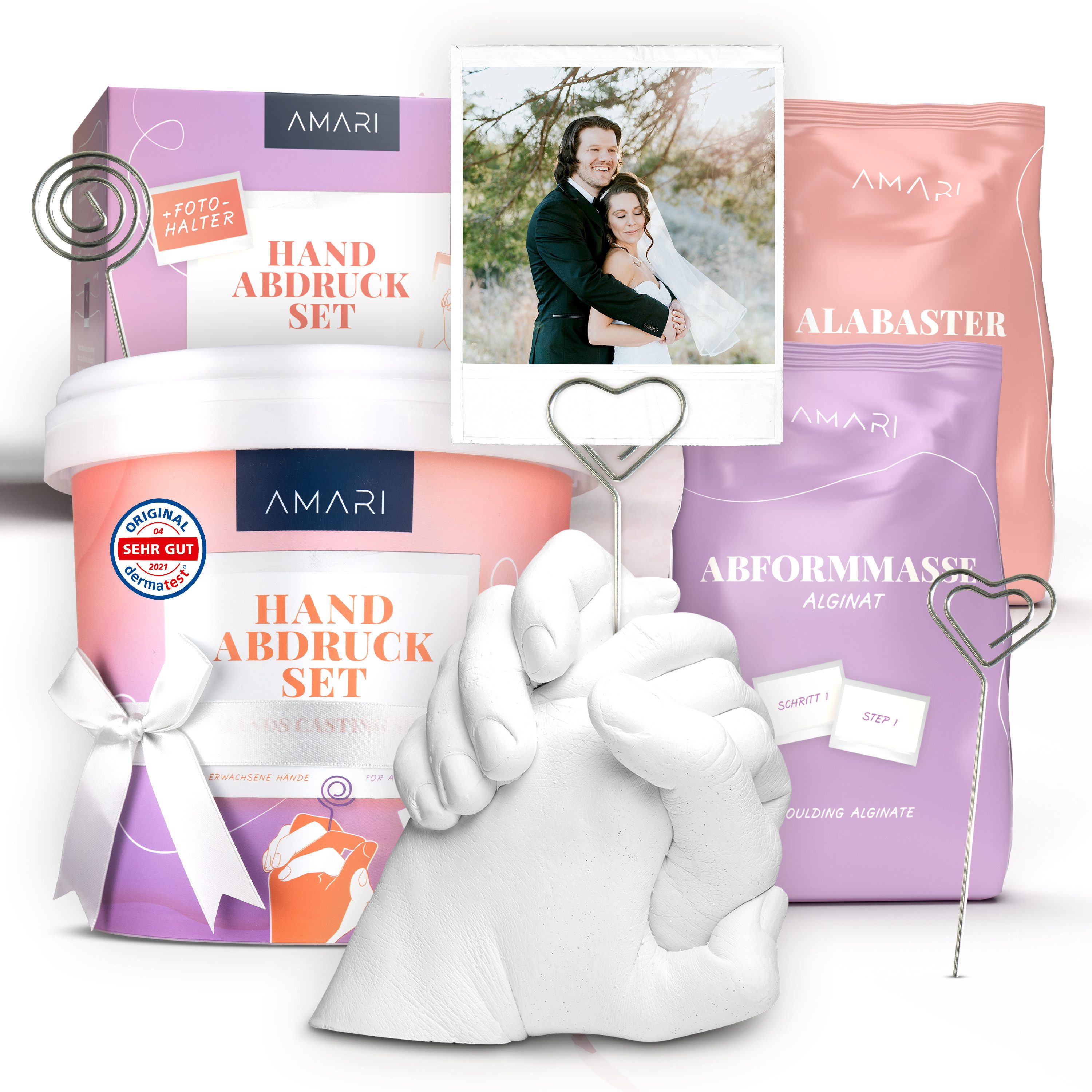 Amari Handabdruck-Set Geschenkidee für Paare, Familie & Freundin - 3D Gipsabdruck, Komplettset, 1 Abdruck für 2 Hände, inkl. Videoanleitung, Geschenk zu Valentinstag, Jahrestag & Hochzeit