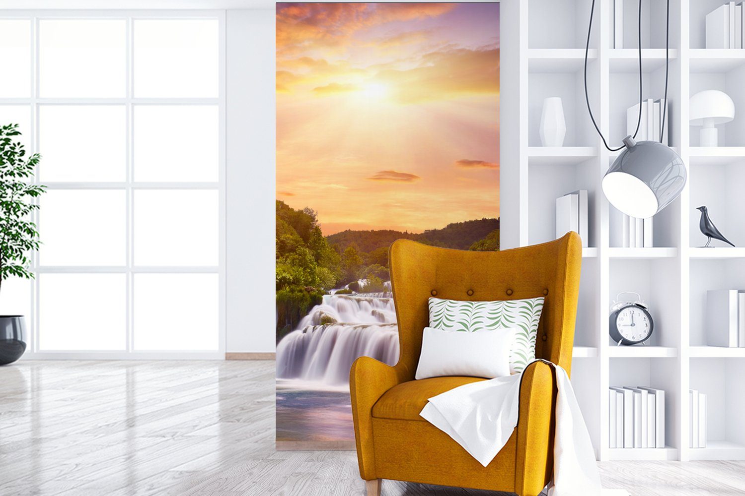 Wolken Landschaft Fototapete St), - bedruckt, - Fototapete Vliestapete (2 - MuchoWow Sonne Matt, Schlafzimmer - Küche, für Wasserfall Sonnenuntergang, Wohnzimmer