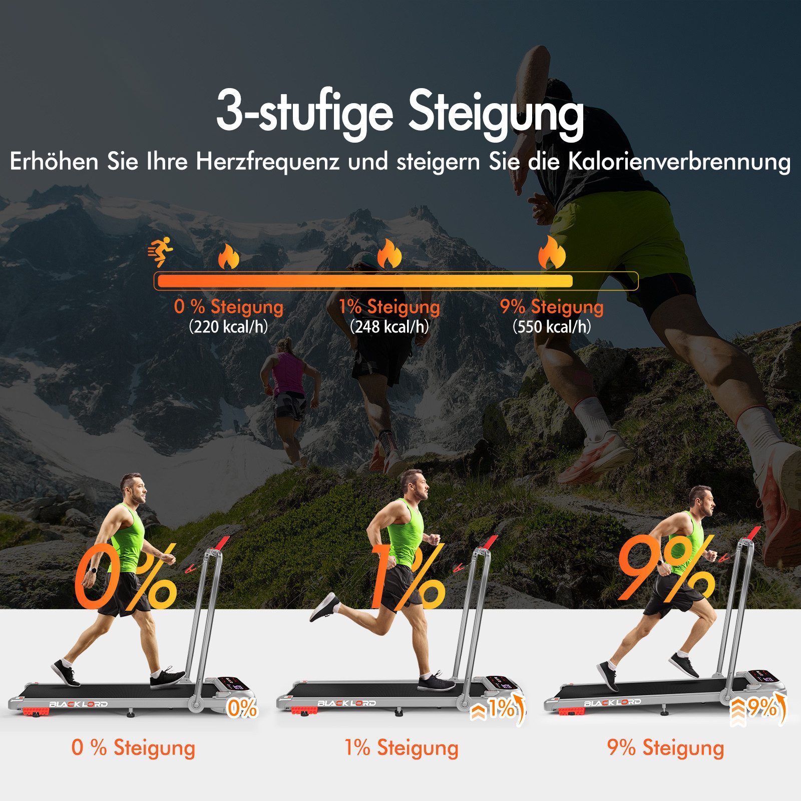 BLACK LORD Laufband 3,0PS Motor, 12 km/h, mit Steigung, Bluetooth App Steuerung, 390mm, 3 Stufen Neigung, LED Display, Fernbedienung, Untertisch