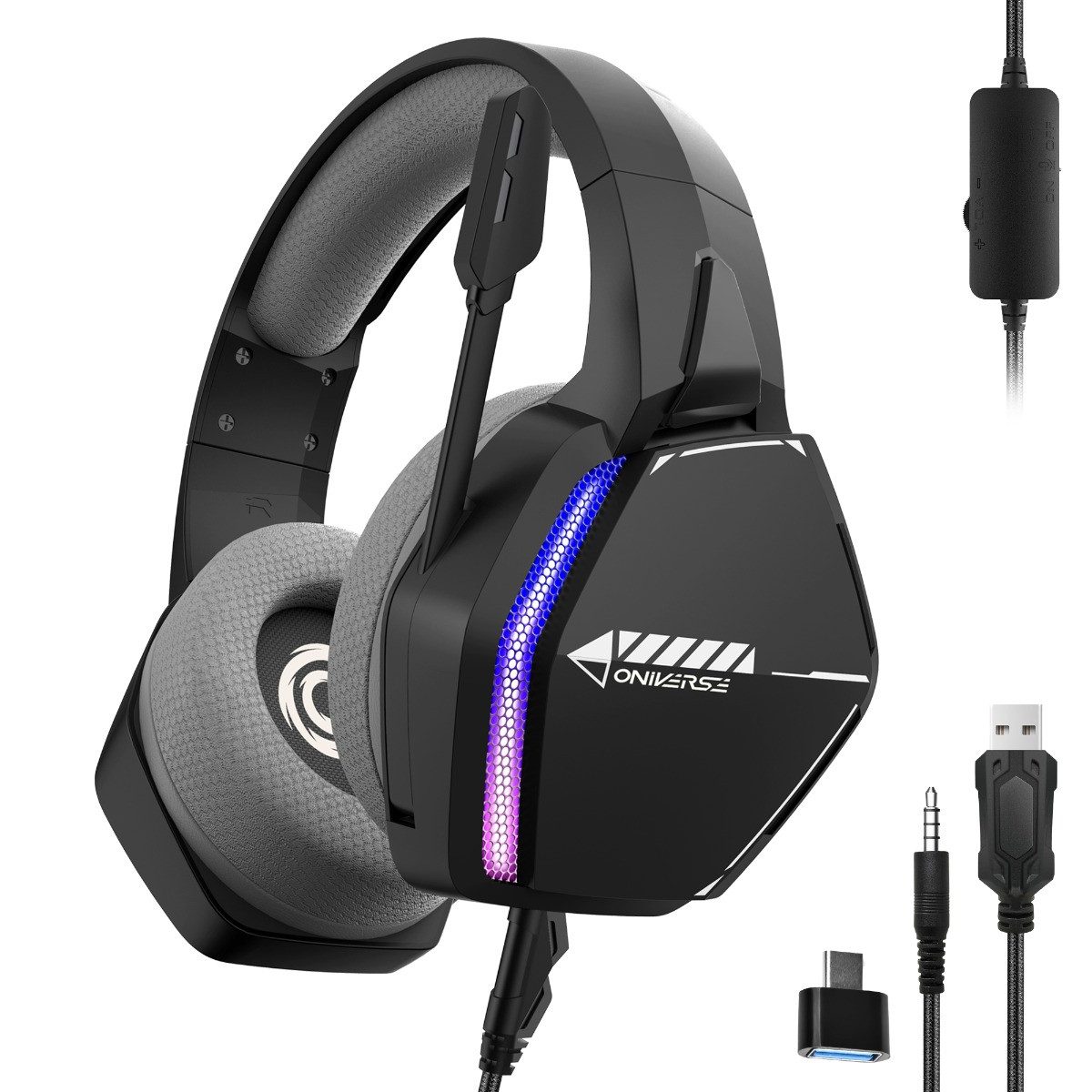 Oniverse Nebula Gaming-Headset (Lautstärkeregelung, Mikrofon-Stummschaltung, 50-mm-Treiber, LED, kabelgebunden, schwarz)