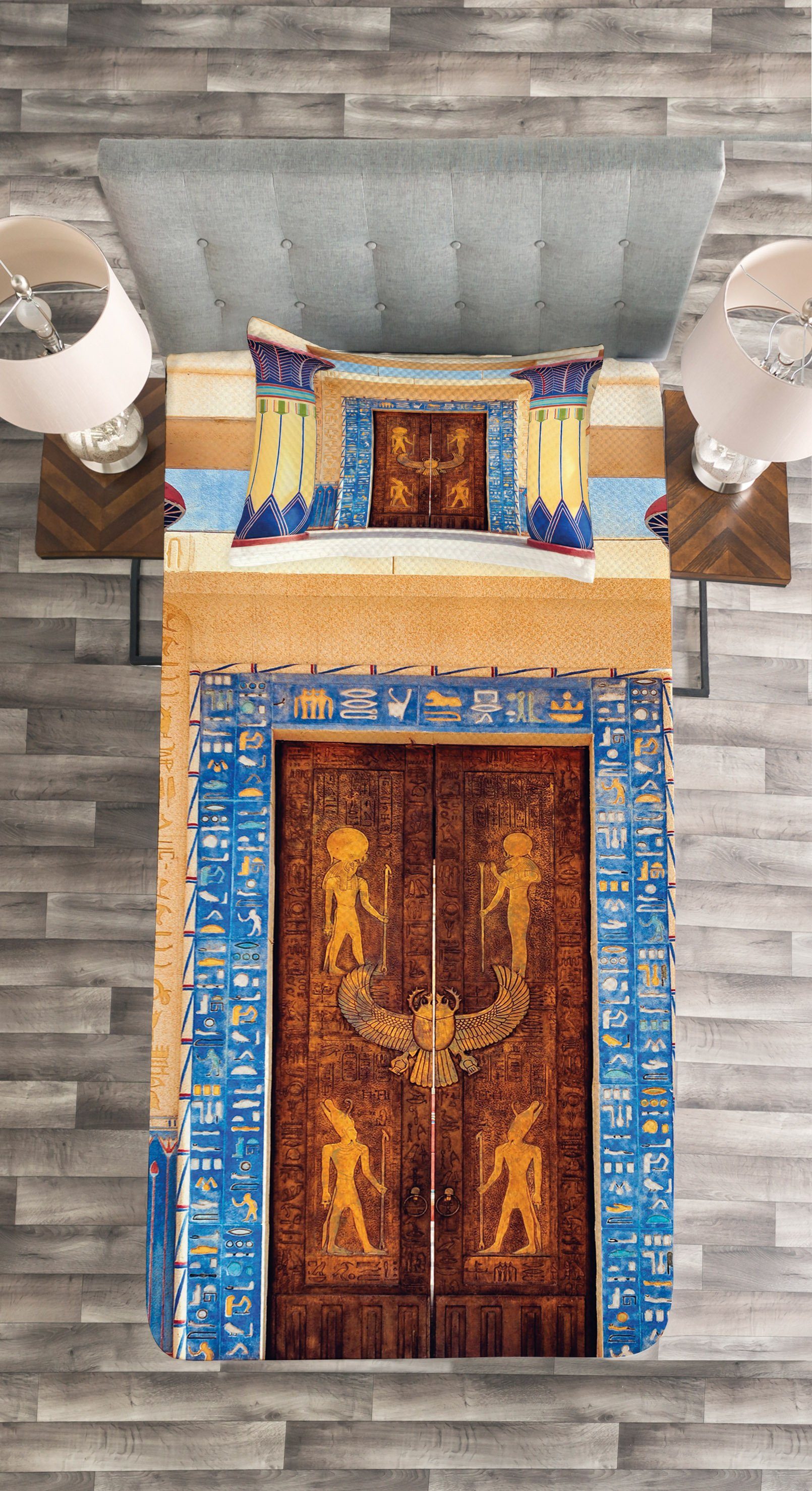 Tagesdecke Set mit Kissenbezügen Waschbar, ägyptisch Ägypten Gebäude Abakuhaus