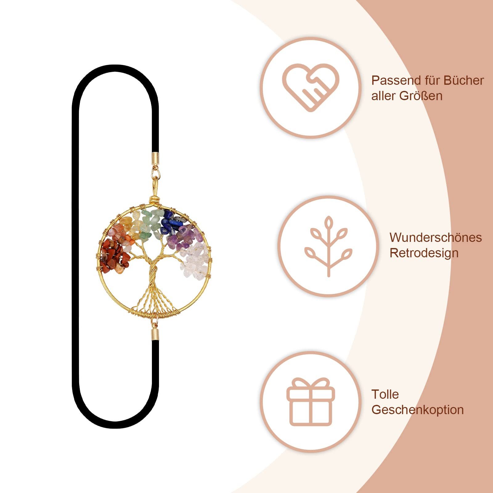 FOUORTUNATE-BEE Lesezeichen Elastisches Lesezeichen Set 2tlg – Kristall Metall Buchmarker, Handgefertigtes Glücks-Lesezeichen mit Baum Motiv