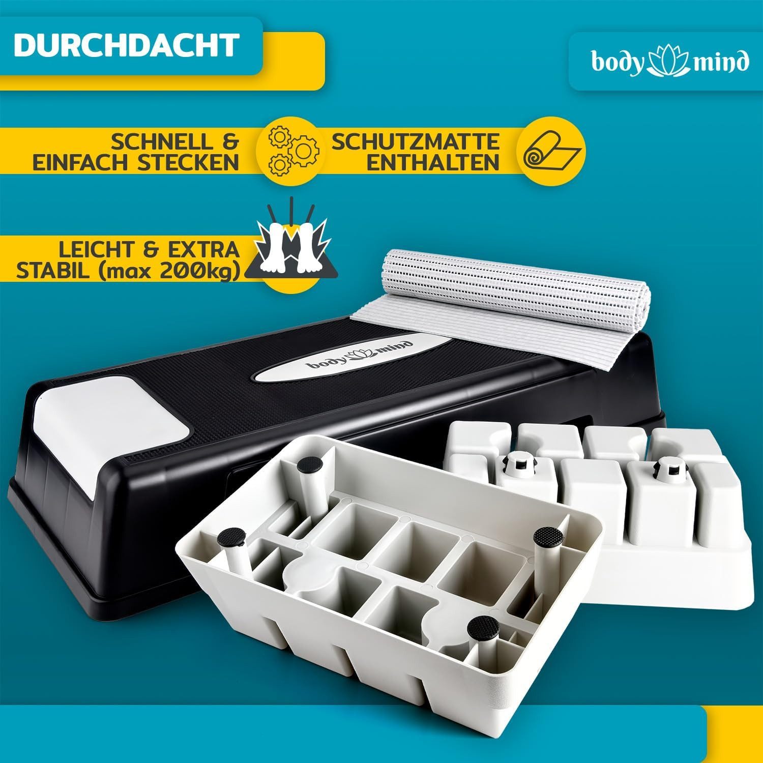 Body & Mind Stepper 3-Step Aerobic Stepper –Rutschfestes Steppbrett für Fitness & Training (Elite-Board, Mehrstufig), Anti-Rutsch-Matte